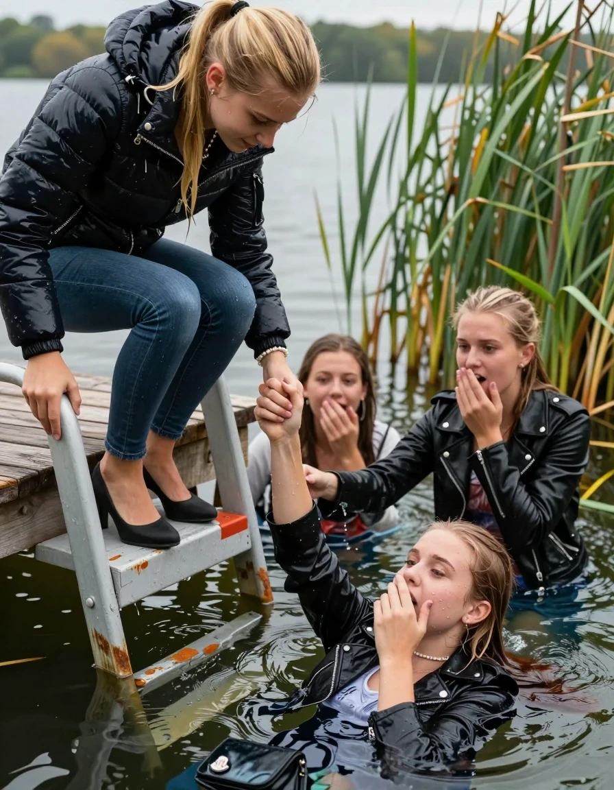 photo of young woman, in soaking wet, drenched clothes,
Heels, Completely soaked tight skinny jeans, Moncler shiny Puffer down jacket, Tight turtleneck sweater belly free, handbag, pearl necklace, bracelet, wristwatch , Three Girls on a wooden bathing platform with a bathing ladder on a beautiful lake. The girls smiles with a sense of adventure and climbs the ladder into the water. The water reaches up to her chest., 
enjoying, wet clothes stuck to body,
detailed textures of the wet clothes, wet face, wet plastered hair,
wet, drenched, professional, high-quality details, full body view.
sharp focus, ultra-high pixel detail, realistic, high-quality, full colors, incredibly detailed, 4k, 8k, 16k, hyper-realistic, RAW photo, masterpiece, ultra-detailed, professionally color graded, professional photograph, Blond sleek long straight hair, sleek ponytail 

19 years old  teenage girl

Laying her breast on the surface.  Looking slightly away. Hold her hand over mouth.

One Girl inside the water with a black biker leatherjacket and one hand on her mouth, hold with the other the viewer's hand, pulling them she is completely underwater up to her neck, afraid and astonished expression. 

She hides in the reeds.

her submerged clothes are hardly vusible under water, she soaked her handbag into the water. The Girls wear different clothes. 

close up view, wet skin, wet clothes, wet hair, damp fabric, water runs down the clothes, wet skin, wet clothes, damp fabric, wet skin, wet clothes, damp fabric, wet skin, wet clothes, damp fabric, wet skin, wet clothes, damp fabric, wet skin, wet clothes, damp fabric, wet skin, wet clothes, damp fabric, wet skin, wet clothes, damp fabric, wet skin, wet clothes, damp fabric, wet skin, wet clothes, damp fabric, wet skin, wet clothes, damp fabric, wet skin, wet clothes, damp fabric, wet skin, wet clothes, damp fabric, wet skin, wet clothes, damp fabric, wet skin, wet clothes, damp fabric, wet skin, wet clothes, damp fabric, wet skin, wet clothes, damp fabric, wet skin, wet clothes, damp fabric, wet skin, wet clothes, damp fabric, wet skin, wet clothes, damp fabric, wet skin, wet clothes, damp fabric