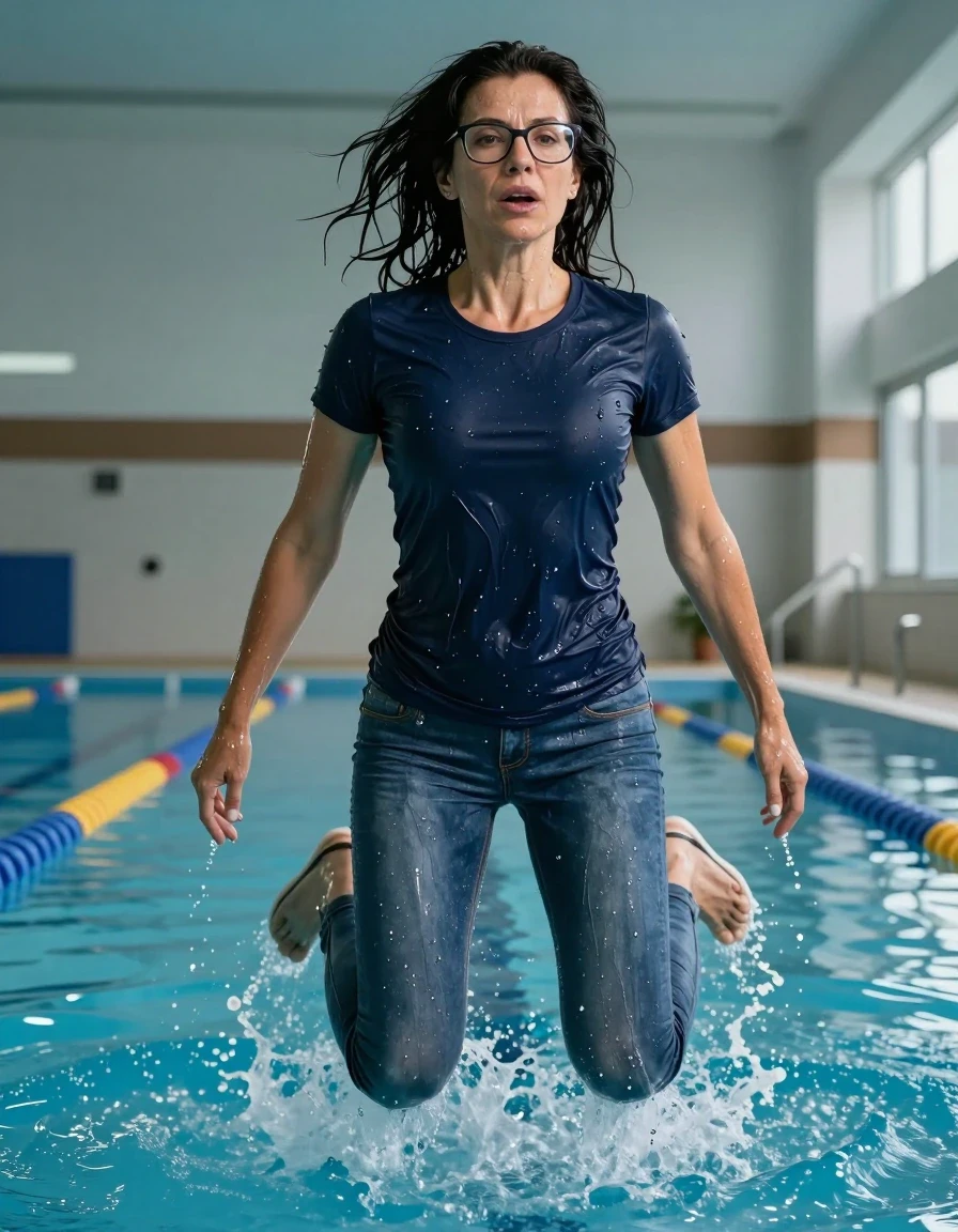 photo of young woman, in soaking wet, drenched clothes,
shoes, blue jeans, dark blue t-shirt over clinging, jumping in indoor swimming pool, enjoying wet clothes stuck body, enjoying, wet clothes stuck to body, 
enjoying, wet clothes stuck to body,
detailed textures of the wet clothes, wet face, wet plastered hair,
wet, drenched, professional, high-quality details, full body view.
sharp focus, ultra-high pixel detail, realistic, high-quality, full colors, incredibly detailed, 4k, 8k, 16k, hyper-realistic, RAW photo, masterpiece, ultra-detailed, professionally color graded, professional photograph, europen brunette skinny woman 50 years old, long dark black hair, office glasses, very big and thick lips, complete body, wet skin, wet clothes, damp fabric, wet skin, wet clothes, damp fabric, wet skin, wet clothes, damp fabric, wet skin, wet clothes, damp fabric, wet skin, wet clothes, damp fabric, wet skin, wet clothes, damp fabric