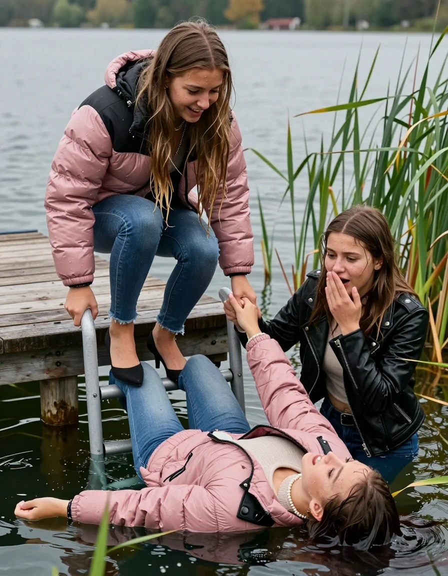photo of young woman, in soaking wet, drenched clothes,
Heels, Completely soaked tight skinny jeans, Pink Puffer down jacket from north face, Tight turtleneck sweater belly free, handbag, pearl necklace, bracelet, wristwatch , Two Girls on a wooden bathing platform with a bathing ladder on a beautiful lake. The girls smiles with a sense of adventure and climbs the ladder into the water. The water reaches up to her chest., 
enjoying, wet clothes stuck to body,
detailed textures of the wet clothes, wet face, wet plastered hair,
wet, drenched, professional, high-quality details, full body view.
sharp focus, ultra-high pixel detail, realistic, high-quality, full colors, incredibly detailed, 4k, 8k, 16k, hyper-realistic, RAW photo, masterpiece, ultra-detailed, professionally color graded, professional photograph, sleek long straight hair

19 years old  teenage girl

Laying her breast on the surface.  Looking slightly away. Hold her hand over mouth.

One Girl inside the water with a black biker leatherjacket and one hand on her mouth, hold with the other the viewer's hand, pulling them she is completely underwater up to her neck, afraid and astonished expression. 

She hides in the reeds.

her submerged clothes are hardly vusible under water, she soaked her handbag into the water. The Girls wear different clothes. 

close up view, wet skin, wet clothes, wet hair, damp fabric, water runs down the clothes, wet skin, wet clothes, damp fabric, wet skin, wet clothes, damp fabric, wet skin, wet clothes, damp fabric, wet skin, wet clothes, damp fabric, wet skin, wet clothes, damp fabric, wet skin, wet clothes, damp fabric, wet skin, wet clothes, damp fabric, wet skin, wet clothes, damp fabric, wet skin, wet clothes, damp fabric, wet skin, wet clothes, damp fabric, wet skin, wet clothes, damp fabric, wet skin, wet clothes, damp fabric, wet skin, wet clothes, damp fabric, wet skin, wet clothes, damp fabric, wet skin, wet clothes, damp fabric, wet skin, wet clothes, damp fabric, wet skin, wet clothes, damp fabric, wet skin, wet clothes, damp fabric, wet skin, wet clothes, damp fabric
