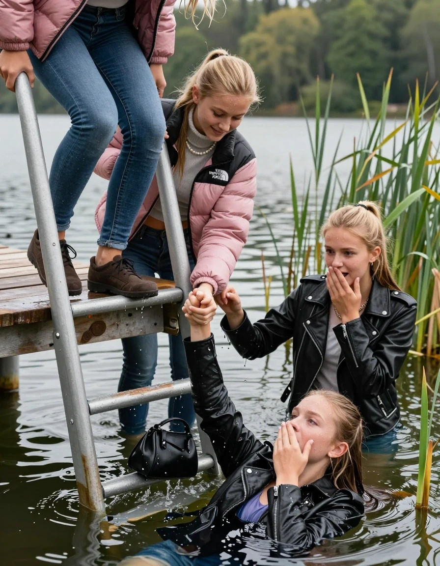 photo of young woman, in soaking wet, drenched clothes,
Heels, Completely soaked tight skinny jeans, Pink Puffer down jacket from north face, Tight turtleneck sweater belly free, handbag, pearl necklace, bracelet, wristwatch , Three Girls on a wooden bathing platform with a bathing ladder on a beautiful lake. The girls smiles with a sense of adventure and climbs the ladder into the water. The water reaches up to her chest., 
enjoying, wet clothes stuck to body,
detailed textures of the wet clothes, wet face, wet plastered hair,
wet, drenched, professional, high-quality details, full body view.
sharp focus, ultra-high pixel detail, realistic, high-quality, full colors, incredibly detailed, 4k, 8k, 16k, hyper-realistic, RAW photo, masterpiece, ultra-detailed, professionally color graded, professional photograph, Blond sleek long straight hair, sleek ponytail 

19 years old  teenage girl

Laying her breast on the surface.  Looking slightly away. Hold her hand over mouth.

One Girl inside the water with a black biker leatherjacket and one hand on her mouth, hold with the other the viewer's hand, pulling them she is completely underwater up to her neck, afraid and astonished expression. 

She hides in the reeds.

her submerged clothes are hardly vusible under water, she soaked her handbag into the water. The Girls wear different clothes. 

close up view, wet skin, wet clothes, wet hair, damp fabric, water runs down the clothes, wet skin, wet clothes, damp fabric, wet skin, wet clothes, damp fabric, wet skin, wet clothes, damp fabric, wet skin, wet clothes, damp fabric, wet skin, wet clothes, damp fabric, wet skin, wet clothes, damp fabric, wet skin, wet clothes, damp fabric, wet skin, wet clothes, damp fabric, wet skin, wet clothes, damp fabric, wet skin, wet clothes, damp fabric, wet skin, wet clothes, damp fabric, wet skin, wet clothes, damp fabric, wet skin, wet clothes, damp fabric, wet skin, wet clothes, damp fabric, wet skin, wet clothes, damp fabric, wet skin, wet clothes, damp fabric, wet skin, wet clothes, damp fabric, wet skin, wet clothes, damp fabric, wet skin, wet clothes, damp fabric, wet skin, wet clothes, damp fabric