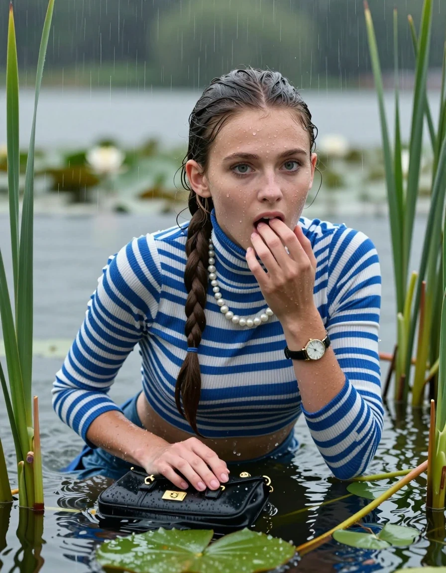 photo of young woman, in soaking wet, drenched clothes,
, , Tight blue and white striped turtleneck sweater belly free, handbag, pearl necklace, bracelet, wristwatch , Emerging after diving in a lake with water lilies and reeds, rain , 
enjoying, wet clothes stuck to body,
detailed textures of the wet clothes, wet face, wet plastered hair,
wet, drenched, professional, high-quality details, full body view.
sharp focus, ultra-high pixel detail, realistic, high-quality, full colors, incredibly detailed, 4k, 8k, 16k, hyper-realistic, RAW photo, masterpiece, ultra-detailed, professionally color graded, professional photograph, Sleek long ponytail with hairband

19 years old  teenage girl

Laying her breast on the surface.  Looking at camera. Hold her hand on mouth.

she is completely underwater up to her neck, afraid and astonished expression. 

She hides in the reeds and is surprised by spectators

her submerged clothes are hardly vusible under water, she soaked her handbag into the water

close up view, wet skin, wet clothes, wet hair, damp fabric, water runs down the clothes, wet skin, wet clothes, damp fabric, wet skin, wet clothes, damp fabric, wet skin, wet clothes, damp fabric, wet skin, wet clothes, damp fabric, wet skin, wet clothes, damp fabric, wet skin, wet clothes, damp fabric, wet skin, wet clothes, damp fabric, wet skin, wet clothes, damp fabric, wet skin, wet clothes, damp fabric, wet skin, wet clothes, damp fabric, wet skin, wet clothes, damp fabric, wet skin, wet clothes, damp fabric, wet skin, wet clothes, damp fabric, wet skin, wet clothes, damp fabric, wet skin, wet clothes, damp fabric, wet skin, wet clothes, damp fabric, wet skin, wet clothes, damp fabric