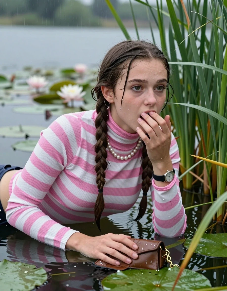 photo of young woman, in soaking wet, drenched clothes,
, , Tight pink and white striped turtleneck sweater belly free, handbag, pearl necklace, bracelet, wristwatch , Emerging after diving in a lake with water lilies and reeds, rain , 
enjoying, wet clothes stuck to body,
detailed textures of the wet clothes, wet face, wet plastered hair,
wet, drenched, professional, high-quality details, full body view.
sharp focus, ultra-high pixel detail, realistic, high-quality, full colors, incredibly detailed, 4k, 8k, 16k, hyper-realistic, RAW photo, masterpiece, ultra-detailed, professionally color graded, professional photograph, Two long braids

19 years old  teenage girl

Laying her breast on the surface.  Looking slightly away. Hold her hand on mouth.

she is completely underwater up to her neck, afraid and astonished expression. 

She hides in the reeds and is surprised by spectators

her submerged clothes are hardly vusible under water, she soaked her handbag into the water

close up view, wet skin, wet clothes, wet hair, damp fabric, water runs down the clothes, wet skin, wet clothes, damp fabric, wet skin, wet clothes, damp fabric, wet skin, wet clothes, damp fabric, wet skin, wet clothes, damp fabric, wet skin, wet clothes, damp fabric, wet skin, wet clothes, damp fabric, wet skin, wet clothes, damp fabric, wet skin, wet clothes, damp fabric, wet skin, wet clothes, damp fabric, wet skin, wet clothes, damp fabric, wet skin, wet clothes, damp fabric, wet skin, wet clothes, damp fabric, wet skin, wet clothes, damp fabric, wet skin, wet clothes, damp fabric, wet skin, wet clothes, damp fabric, wet skin, wet clothes, damp fabric, wet skin, wet clothes, damp fabric