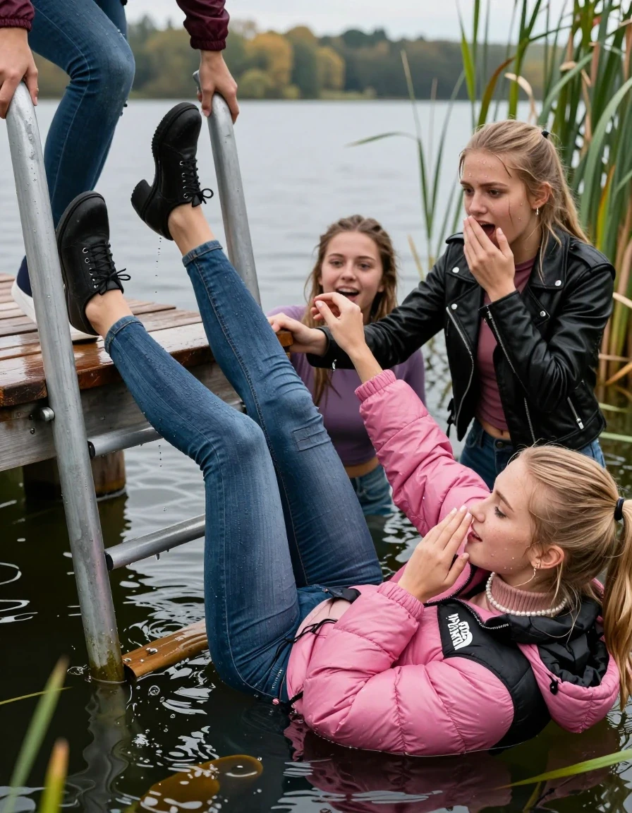 photo of young woman, in soaking wet, drenched clothes,
Heels, Completely soaked tight skinny jeans, Pink Puffer down jacket from north face, Tight turtleneck sweater belly free, handbag, pearl necklace, bracelet, wristwatch , Three Girls on a wooden bathing platform with a bathing ladder on a beautiful lake. The girls smiles with a sense of adventure and climbs the ladder into the water. The water reaches up to her shoulders., 
enjoying, wet clothes stuck to body,
detailed textures of the wet clothes, wet face, wet plastered hair,
wet, drenched, professional, high-quality details, full body view.
sharp focus, ultra-high pixel detail, realistic, high-quality, full colors, incredibly detailed, 4k, 8k, 16k, hyper-realistic, RAW photo, masterpiece, ultra-detailed, professionally color graded, professional photograph, Blond sleek long straight hair, sleek ponytail 

19 years old  teenage girl

Laying her breast on the surface.  Looking slightly away. Hold her hand over mouth.

One Girl inside the water with a black biker leatherjacket and one hand on her mouth, hold with the other the viewer's hand, pulling them she is completely underwater up to her neck, afraid and astonished expression. 

She hides in the reeds.

her submerged clothes are hardly vusible under water, she soaked her handbag into the water. The Girls wear different clothes. 

close up view, wet skin, wet clothes, wet hair, damp fabric, water runs down the clothes, wet skin, wet clothes, damp fabric, wet skin, wet clothes, damp fabric, wet skin, wet clothes, damp fabric, wet skin, wet clothes, damp fabric, wet skin, wet clothes, damp fabric, wet skin, wet clothes, damp fabric, wet skin, wet clothes, damp fabric, wet skin, wet clothes, damp fabric, wet skin, wet clothes, damp fabric, wet skin, wet clothes, damp fabric, wet skin, wet clothes, damp fabric, wet skin, wet clothes, damp fabric, wet skin, wet clothes, damp fabric, wet skin, wet clothes, damp fabric, wet skin, wet clothes, damp fabric, wet skin, wet clothes, damp fabric, wet skin, wet clothes, damp fabric, wet skin, wet clothes, damp fabric, wet skin, wet clothes, damp fabric