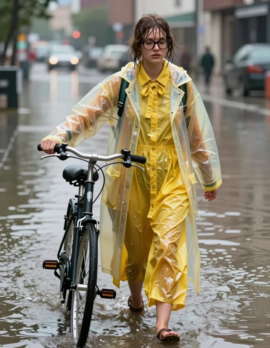 A photorealistic medium shot of a young adult European woman with a nerdy aesthetic, wearing thick-rimmed glasses and a slightly disheveled hairstyle, pushing a bicycle through a flooded city street. She is dressed in an oversized yellow buttoned-down dress with a bowtie, layered underneath a translucent, high-gloss nylon rain jacket. The nylon rainwear is heavily soaked, clinging to her frame with deep, dark water-saturated patches, heavy folds, and intense specular highlights reflecting the ambient light. She wears simple sandals on her feet, exposed to the murky, rippling floodwater. The maxi dress underneath is weighed down by water, showing heavy, clinging fabric texture. Her skin and hair are visibly wet, with strands of hair plastered against her forehead. The scene captures the realistic weight and sheen of drenched synthetic materials amidst the urban flood. Cinematic lighting, sharp focus on the subject, intricate fabric textures, high-contrast reflections in the water, 8k resolution, highly detailed surface wetness.