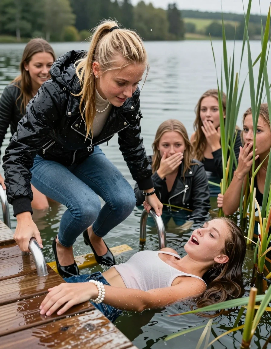photo of young woman, in soaking wet, drenched clothes,
Heels, Completely soaked tight skinny jeans , Moncler shiny puffer down jacket, Tight turtleneck sweater belly free, handbag, pearl necklace, bracelet, wristwatch , Group of Girls with a hand on her mouth on a wooden bathing platform with a bathing ladder on a beautiful lake. The girls smiles with a sense of adventure and climbs the ladder already half submerged into the water. The water reaches up to her chest. , 
enjoying, wet clothes stuck to body,
detailed textures of the wet clothes, wet face, wet plastered hair,
wet, drenched, professional, high-quality details, full body view.
sharp focus, ultra-high pixel detail, realistic, high-quality, full colors, incredibly detailed, 4k, 8k, 16k, hyper-realistic, RAW photo, masterpiece, ultra-detailed, professionally color graded, professional photograph, Different hair styles, Blonde sleek long straight hair or sleek ponytail

19 years old  teenage girl

Laying her breast on the surface.  Looking slightly away.

One Girl inside the water with a biker leatherjacket and one hand on her mouth, hold with the other the viewer's hand, pulling them she is completely underwater up to her neck, afraid and astonished expression. 

She hides in the reeds.

her submerged clothes are hardly vusible under water, she soaked her handbag into the water. The Girls wear different clothes. 

close up view, wet skin, wet clothes, wet hair, damp fabric, water runs down the clothes, wet skin, wet clothes, damp fabric, wet skin, wet clothes, damp fabric, wet skin, wet clothes, damp fabric, wet skin, wet clothes, damp fabric, wet skin, wet clothes, damp fabric, wet skin, wet clothes, damp fabric, wet skin, wet clothes, damp fabric, wet skin, wet clothes, damp fabric, wet skin, wet clothes, damp fabric, wet skin, wet clothes, damp fabric, wet skin, wet clothes, damp fabric, wet skin, wet clothes, damp fabric, wet skin, wet clothes, damp fabric, wet skin, wet clothes, damp fabric, wet skin, wet clothes, damp fabric, wet skin, wet clothes, damp fabric, wet skin, wet clothes, damp fabric, wet skin, wet clothes, damp fabric, wet skin, wet clothes, damp fabric, wet skin, wet clothes, damp fabric