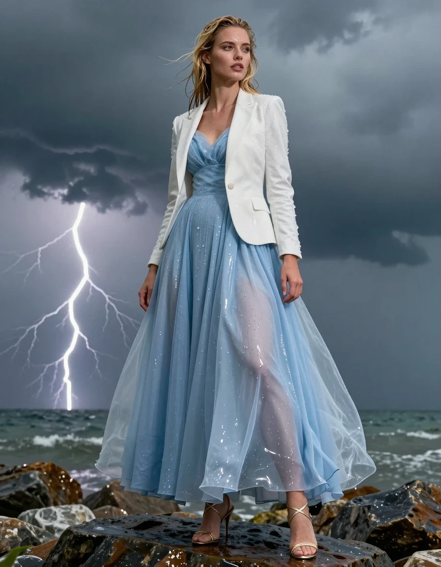 photo of young woman, in soaking wet, drenched clothes,
Strappy gold stilettos , Pale blue ball gown , white blazer , Standing on rocks, thunder storm , 
enjoying, wet clothes stuck to body,
detailed textures of the wet clothes, wet face, wet plastered hair,
wet, drenched, professional, high-quality details, full body view.
sharp focus, ultra-high pixel detail, realistic, high-quality, full colors, incredibly detailed, 4k, 8k, 16k, hyper-realistic, RAW photo, masterpiece, ultra-detailed, professionally color graded, professional photograph, Blonde, wet clothes, wet skin, wet clothes, damp fabric