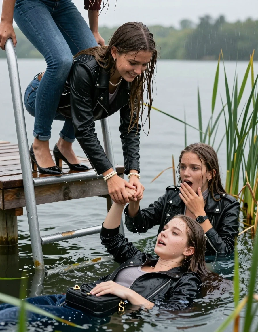 photo of young woman, in soaking wet, drenched clothes,
Heels, Completely soaked tight skinny jeans , biker leatherjacket, Tight turtleneck sweater belly free, handbag, pearl necklace, bracelet, wristwatch , Two Girls on a wooden bathing platform with a bathing ladder on a beautiful lake. The girls smiles with a sense of adventure and climbs the ladder into the water. The water reaches up to her chest. Heavy Rain. , 
enjoying, wet clothes stuck to body,
detailed textures of the wet clothes, wet face, wet plastered hair,
wet, drenched, professional, high-quality details, full body view.
sharp focus, ultra-high pixel detail, realistic, high-quality, full colors, incredibly detailed, 4k, 8k, 16k, hyper-realistic, RAW photo, masterpiece, ultra-detailed, professionally color graded, professional photograph, sleek long straight hair

19 years old  teenage girl

Laying her breast on the surface.  Looking slightly away.

One Girl inside the water with a biker leatherjacket and one hand on her mouth, hold with the other the viewer's hand, pulling them she is completely underwater up to her neck, afraid and astonished expression. 

She hides in the reeds.

her submerged clothes are hardly vusible under water, she soaked her handbag into the water. The Girls wear different clothes. 

close up view, wet skin, wet clothes, wet hair, damp fabric, water runs down the clothes, wet skin, wet clothes, damp fabric, wet skin, wet clothes, damp fabric, wet skin, wet clothes, damp fabric, wet skin, wet clothes, damp fabric, wet skin, wet clothes, damp fabric, wet skin, wet clothes, damp fabric, wet skin, wet clothes, damp fabric, wet skin, wet clothes, damp fabric, wet skin, wet clothes, damp fabric, wet skin, wet clothes, damp fabric, wet skin, wet clothes, damp fabric, wet skin, wet clothes, damp fabric, wet skin, wet clothes, damp fabric, wet skin, wet clothes, damp fabric, wet skin, wet clothes, damp fabric, wet skin, wet clothes, damp fabric, wet skin, wet clothes, damp fabric, wet skin, wet clothes, damp fabric, wet skin, wet clothes, damp fabric