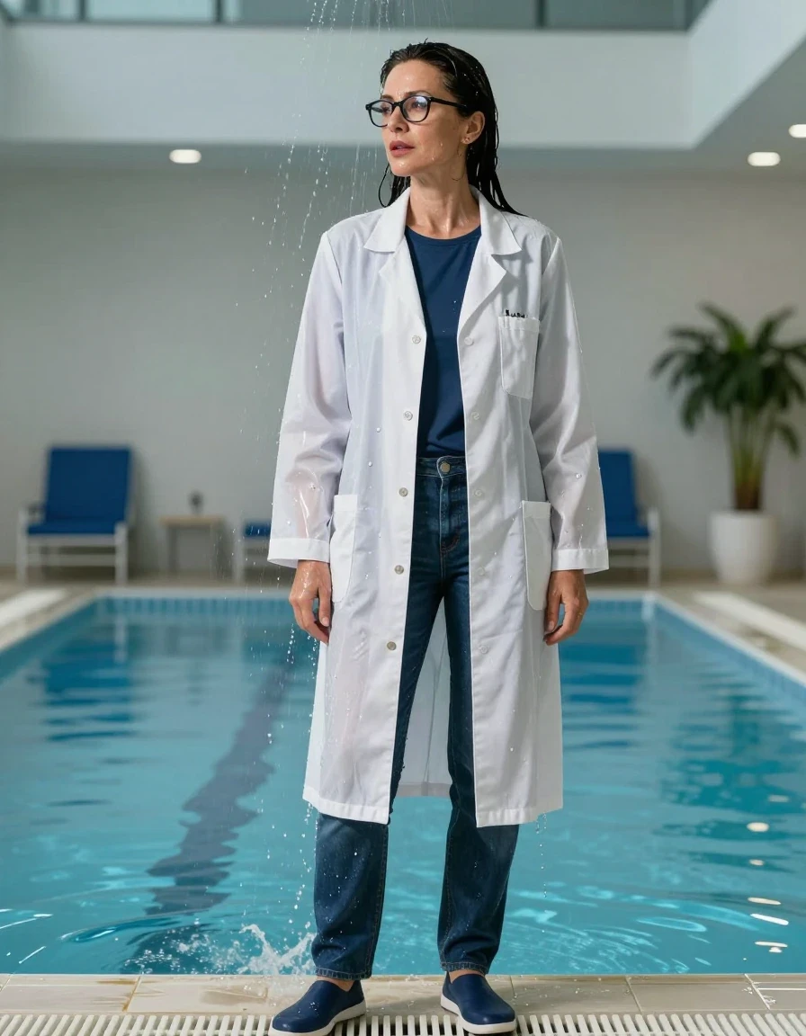 photo of young woman, in soaking wet, drenched clothes,
shoes, blue jeans, dark blue t-shirt over clinging, maxi white labcoat, shower indoor swimming pool, enjoying wet clothes stuck body, enjoying, wet clothes stuck to body, 
enjoying, wet clothes stuck to body,
detailed textures of the wet clothes, wet face, wet plastered hair,
wet, drenched, professional, high-quality details, full body view.
sharp focus, ultra-high pixel detail, realistic, high-quality, full colors, incredibly detailed, 4k, 8k, 16k, hyper-realistic, RAW photo, masterpiece, ultra-detailed, professionally color graded, professional photograph, europen brunette skinny woman 50 years old, long dark black hair, office glasses, very big and thick lips, complete body, wet skin, wet clothes, damp fabric, wet skin, wet clothes, damp fabric, wet skin, wet clothes, damp fabric, wet skin, wet clothes, damp fabric, wet skin, wet clothes, damp fabric, wet skin, wet clothes, damp fabric