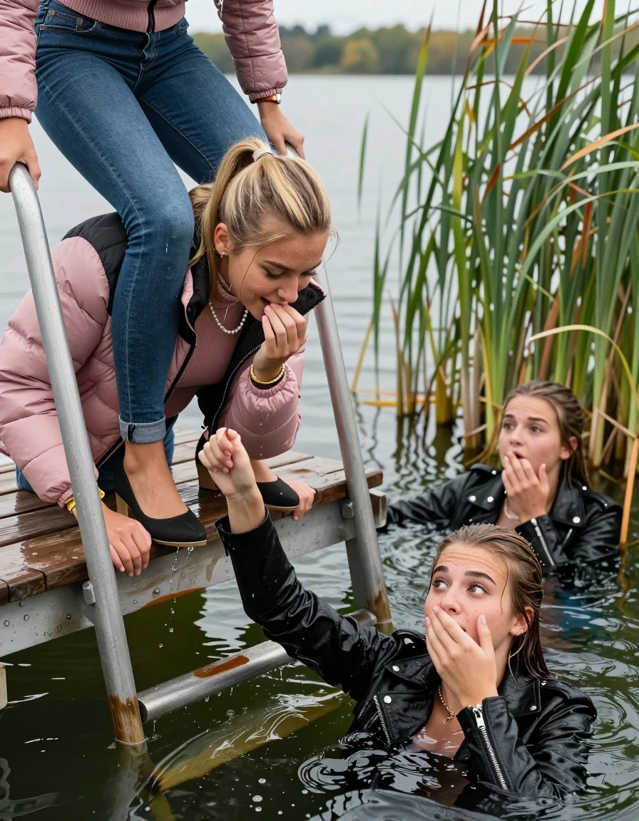 photo of young woman, in soaking wet, drenched clothes,
Heels, Completely soaked tight skinny jeans, Pink Puffer down jacket from north face, Tight turtleneck sweater belly free, handbag, pearl necklace, bracelet, wristwatch , Three Girls on a wooden bathing platform with a bathing ladder on a beautiful lake. The girls smiles with a sense of adventure and climbs the ladder into the water. The water reaches up to her chest., 
enjoying, wet clothes stuck to body,
detailed textures of the wet clothes, wet face, wet plastered hair,
wet, drenched, professional, high-quality details, full body view.
sharp focus, ultra-high pixel detail, realistic, high-quality, full colors, incredibly detailed, 4k, 8k, 16k, hyper-realistic, RAW photo, masterpiece, ultra-detailed, professionally color graded, professional photograph, Blond sleek long straight hair, sleek ponytail 

19 years old  teenage girl

Laying her breast on the surface.  Looking slightly away. Hold her hand over mouth.

One Girl inside the water with a black biker leatherjacket and one hand on her mouth, hold with the other the viewer's hand, pulling them she is completely underwater up to her neck, afraid and astonished expression. 

She hides in the reeds.

her submerged clothes are hardly vusible under water, she soaked her handbag into the water. The Girls wear different clothes. 

close up view, wet skin, wet clothes, wet hair, damp fabric, water runs down the clothes, wet skin, wet clothes, damp fabric, wet skin, wet clothes, damp fabric, wet skin, wet clothes, damp fabric, wet skin, wet clothes, damp fabric, wet skin, wet clothes, damp fabric, wet skin, wet clothes, damp fabric, wet skin, wet clothes, damp fabric, wet skin, wet clothes, damp fabric, wet skin, wet clothes, damp fabric, wet skin, wet clothes, damp fabric, wet skin, wet clothes, damp fabric, wet skin, wet clothes, damp fabric, wet skin, wet clothes, damp fabric, wet skin, wet clothes, damp fabric, wet skin, wet clothes, damp fabric, wet skin, wet clothes, damp fabric, wet skin, wet clothes, damp fabric, wet skin, wet clothes, damp fabric, wet skin, wet clothes, damp fabric