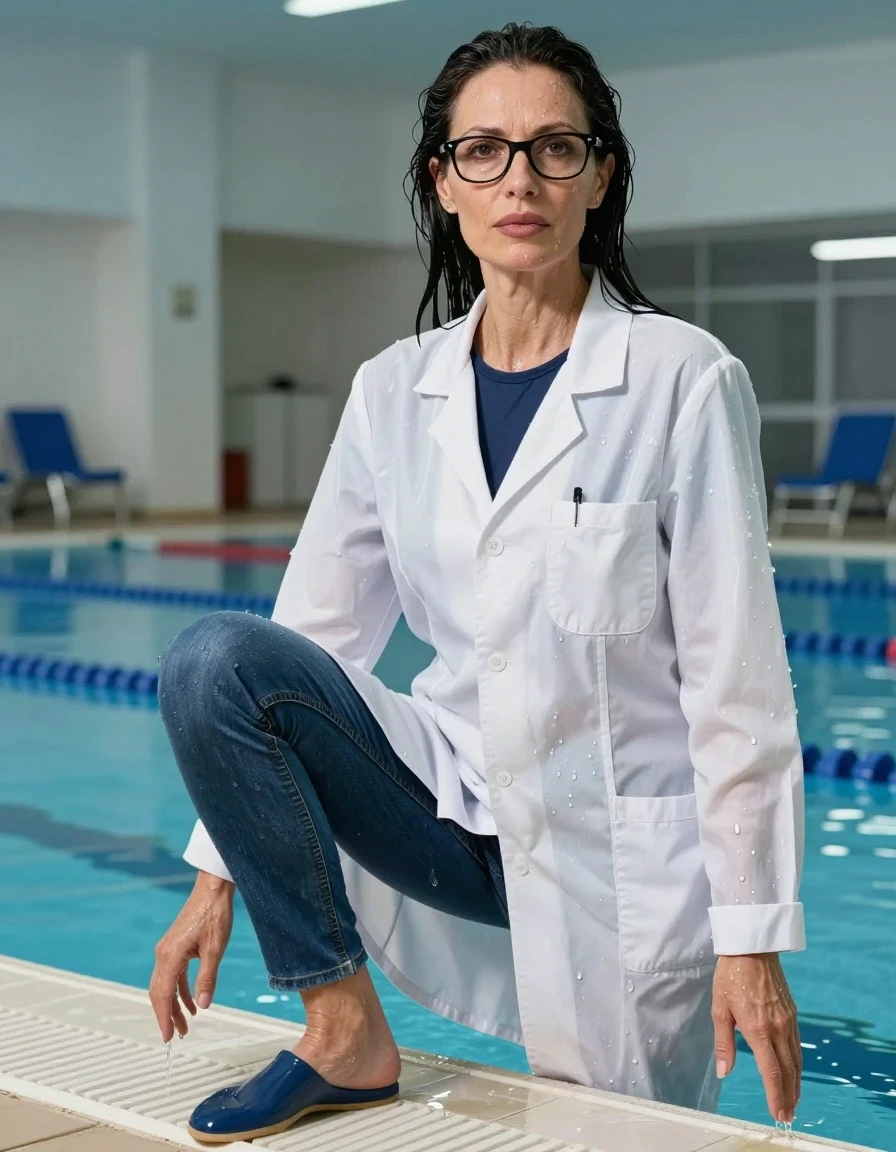 photo of young woman, in soaking wet, drenched clothes,
shoes, blue jeans, dark blue t-shirt over clinging, maxi white labcoat, indoor swimming pool, enjoying wet clothes stuck body, enjoying, wet clothes stuck to body, 
enjoying, wet clothes stuck to body,
detailed textures of the wet clothes, wet face, wet plastered hair,
wet, drenched, professional, high-quality details, full body view.
sharp focus, ultra-high pixel detail, realistic, high-quality, full colors, incredibly detailed, 4k, 8k, 16k, hyper-realistic, RAW photo, masterpiece, ultra-detailed, professionally color graded, professional photograph, europen brunette skinny woman 50 years old, long dark black hair, office glasses, very big and thick lips, complete body, wet skin, wet clothes, damp fabric, wet skin, wet clothes, damp fabric, wet skin, wet clothes, damp fabric, wet skin, wet clothes, damp fabric, wet skin, wet clothes, damp fabric, wet skin, wet clothes, damp fabric