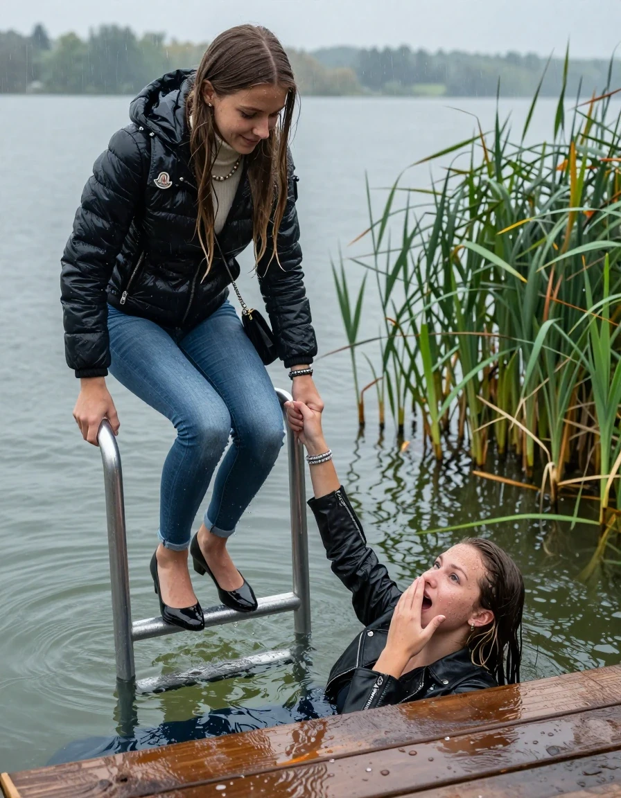 photo of young woman, in soaking wet, drenched clothes,
Heels, Completely soaked tight skinny jeans , Moncler shiny puffer down jacket, Tight turtleneck sweater belly free, handbag, pearl necklace, bracelet, wristwatch , Two Girls on a wooden bathing platform with a bathing ladder on a beautiful lake. The girls smiles with a sense of adventure and climbs the ladder already half submerged into the water. The water reaches up to her chest. Heavy Rain. , 
enjoying, wet clothes stuck to body,
detailed textures of the wet clothes, wet face, wet plastered hair,
wet, drenched, professional, high-quality details, full body view.
sharp focus, ultra-high pixel detail, realistic, high-quality, full colors, incredibly detailed, 4k, 8k, 16k, hyper-realistic, RAW photo, masterpiece, ultra-detailed, professionally color graded, professional photograph, sleek long straight hair

19 years old  teenage girl

Laying her breast on the surface.  Looking slightly away.

One Girl inside the water with a biker leatherjacket and one hand on her mouth, hold with the other the viewer's hand, pulling them she is completely underwater up to her neck, afraid and astonished expression. 

She hides in the reeds.

her submerged clothes are hardly vusible under water, she soaked her handbag into the water. The Girls wear different clothes. 

close up view, wet skin, wet clothes, wet hair, damp fabric, water runs down the clothes, wet skin, wet clothes, damp fabric, wet skin, wet clothes, damp fabric, wet skin, wet clothes, damp fabric, wet skin, wet clothes, damp fabric, wet skin, wet clothes, damp fabric, wet skin, wet clothes, damp fabric, wet skin, wet clothes, damp fabric, wet skin, wet clothes, damp fabric, wet skin, wet clothes, damp fabric, wet skin, wet clothes, damp fabric, wet skin, wet clothes, damp fabric, wet skin, wet clothes, damp fabric, wet skin, wet clothes, damp fabric, wet skin, wet clothes, damp fabric, wet skin, wet clothes, damp fabric, wet skin, wet clothes, damp fabric, wet skin, wet clothes, damp fabric, wet skin, wet clothes, damp fabric, wet skin, wet clothes, damp fabric