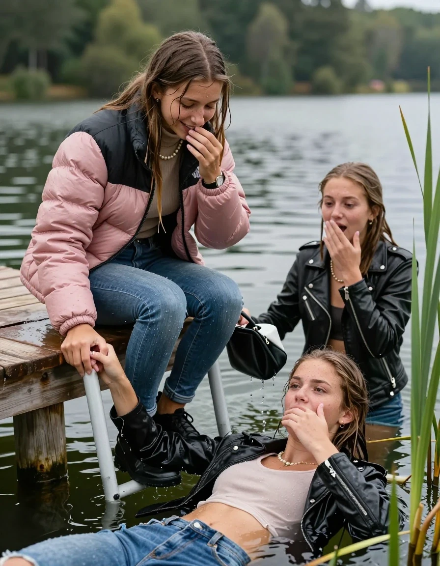 photo of young woman, in soaking wet, drenched clothes,
Heels, Completely soaked tight skinny jeans, Pink Puffer down jacket from north face, Tight turtleneck sweater belly free, handbag, pearl necklace, bracelet, wristwatch , Two Girls on a wooden bathing platform with a bathing ladder on a beautiful lake. The girls smiles with a sense of adventure and climbs the ladder into the water. The water reaches up to her chest., 
enjoying, wet clothes stuck to body,
detailed textures of the wet clothes, wet face, wet plastered hair,
wet, drenched, professional, high-quality details, full body view.
sharp focus, ultra-high pixel detail, realistic, high-quality, full colors, incredibly detailed, 4k, 8k, 16k, hyper-realistic, RAW photo, masterpiece, ultra-detailed, professionally color graded, professional photograph, sleek long straight hair

19 years old  teenage girl

Laying her breast on the surface.  Looking slightly away. Hold her hand over mouth.

One Girl inside the water with a black biker leatherjacket and one hand on her mouth, hold with the other the viewer's hand, pulling them she is completely underwater up to her neck, afraid and astonished expression. 

She hides in the reeds.

her submerged clothes are hardly vusible under water, she soaked her handbag into the water. The Girls wear different clothes. 

close up view, wet skin, wet clothes, wet hair, damp fabric, water runs down the clothes, wet skin, wet clothes, damp fabric, wet skin, wet clothes, damp fabric, wet skin, wet clothes, damp fabric, wet skin, wet clothes, damp fabric, wet skin, wet clothes, damp fabric, wet skin, wet clothes, damp fabric, wet skin, wet clothes, damp fabric, wet skin, wet clothes, damp fabric, wet skin, wet clothes, damp fabric, wet skin, wet clothes, damp fabric, wet skin, wet clothes, damp fabric, wet skin, wet clothes, damp fabric, wet skin, wet clothes, damp fabric, wet skin, wet clothes, damp fabric, wet skin, wet clothes, damp fabric, wet skin, wet clothes, damp fabric, wet skin, wet clothes, damp fabric, wet skin, wet clothes, damp fabric, wet skin, wet clothes, damp fabric
