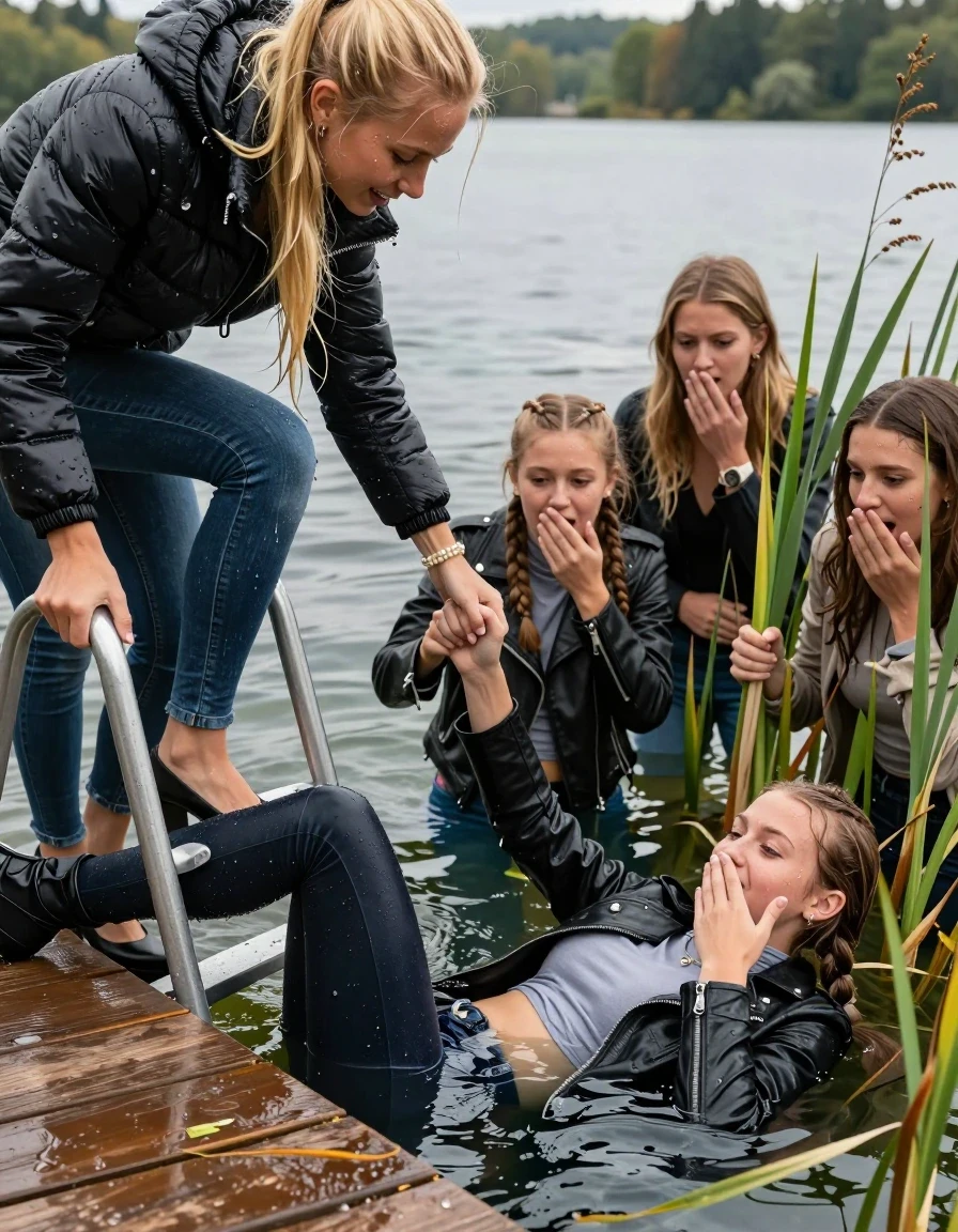 photo of young woman, in soaking wet, drenched clothes,
Heels, Completely soaked tight skinny jeans , Moncler shiny puffer down jacket, Tight turtleneck sweater belly free, handbag, pearl necklace, bracelet, wristwatch , Group of Girls with her hands on her mouth on a wooden bathing platform with a bathing ladder on a beautiful lake. The girls smiles with a sense of adventure and climbs the ladder already half submerged into the water. The water reaches up to her chest., 
enjoying, wet clothes stuck to body,
detailed textures of the wet clothes, wet face, wet plastered hair,
wet, drenched, professional, high-quality details, full body view.
sharp focus, ultra-high pixel detail, realistic, high-quality, full colors, incredibly detailed, 4k, 8k, 16k, hyper-realistic, RAW photo, masterpiece, ultra-detailed, professionally color graded, professional photograph, Blonde sleek long straight hair, sleek ponytail, two long braids

19 years old  teenage girl

Laying her breast on the surface.  Looking slightly away.

One Girl inside the water with a biker leatherjacket and one hand on her mouth, hold with the other the viewer's hand, pulling them she is completely underwater up to her neck, afraid and astonished expression. 

She hides in the reeds.

her submerged clothes are hardly vusible under water, she soaked her handbag into the water. The Girls wear different clothes. 

close up view, wet skin, wet clothes, wet hair, damp fabric, water runs down the clothes, wet skin, wet clothes, damp fabric, wet skin, wet clothes, damp fabric, wet skin, wet clothes, damp fabric, wet skin, wet clothes, damp fabric, wet skin, wet clothes, damp fabric, wet skin, wet clothes, damp fabric, wet skin, wet clothes, damp fabric, wet skin, wet clothes, damp fabric, wet skin, wet clothes, damp fabric, wet skin, wet clothes, damp fabric, wet skin, wet clothes, damp fabric, wet skin, wet clothes, damp fabric, wet skin, wet clothes, damp fabric, wet skin, wet clothes, damp fabric, wet skin, wet clothes, damp fabric, wet skin, wet clothes, damp fabric, wet skin, wet clothes, damp fabric, wet skin, wet clothes, damp fabric, wet skin, wet clothes, damp fabric, wet skin, wet clothes, damp fabric