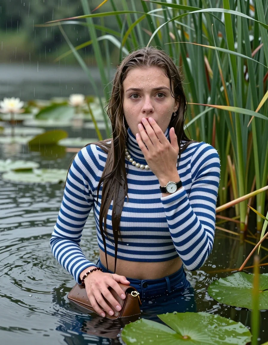 photo of young woman, in soaking wet, drenched clothes,
, , Tight blue and white striped turtleneck sweater belly free, handbag, pearl necklace, bracelet, wristwatch , Emerging after diving in a lake with water lilies and reeds, rain , 
enjoying, wet clothes stuck to body,
detailed textures of the wet clothes, wet face, wet plastered hair,
wet, drenched, professional, high-quality details, full body view.
sharp focus, ultra-high pixel detail, realistic, high-quality, full colors, incredibly detailed, 4k, 8k, 16k, hyper-realistic, RAW photo, masterpiece, ultra-detailed, professionally color graded, professional photograph, Sleek long straight hair 

19 years old  teenage girl

Laying her breast on the surface.  Looking at camera. Hold her hand on mouth.

she is completely underwater up to her neck, afraid and astonished expression. 

She hides in the reeds and is surprised by spectators

her submerged clothes are hardly vusible under water, she soaked her handbag into the water

close up view, wet skin, wet clothes, wet hair, damp fabric, water runs down the clothes, wet skin, wet clothes, damp fabric, wet skin, wet clothes, damp fabric, wet skin, wet clothes, damp fabric, wet skin, wet clothes, damp fabric, wet skin, wet clothes, damp fabric, wet skin, wet clothes, damp fabric, wet skin, wet clothes, damp fabric, wet skin, wet clothes, damp fabric, wet skin, wet clothes, damp fabric, wet skin, wet clothes, damp fabric, wet skin, wet clothes, damp fabric, wet skin, wet clothes, damp fabric, wet skin, wet clothes, damp fabric, wet skin, wet clothes, damp fabric, wet skin, wet clothes, damp fabric, wet skin, wet clothes, damp fabric, wet skin, wet clothes, damp fabric