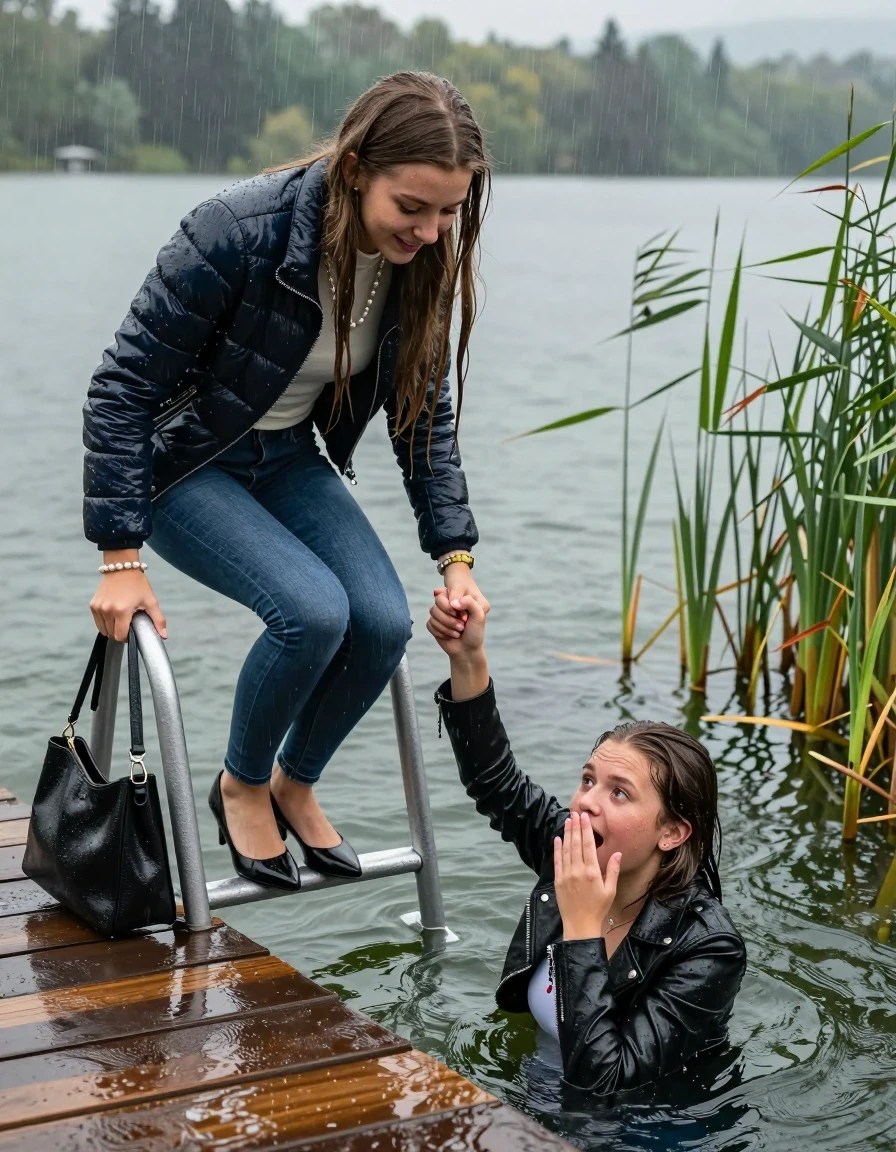 photo of young woman, in soaking wet, drenched clothes,
Heels, Completely soaked tight skinny jeans , Moncler shiny puffer down jacket, Tight turtleneck sweater belly free, handbag, pearl necklace, bracelet, wristwatch , Two Girls on a wooden bathing platform with a bathing ladder on a beautiful lake. The girls smiles with a sense of adventure and climbs the ladder into the water. The water reaches up to her chest. Heavy Rain. , 
enjoying, wet clothes stuck to body,
detailed textures of the wet clothes, wet face, wet plastered hair,
wet, drenched, professional, high-quality details, full body view.
sharp focus, ultra-high pixel detail, realistic, high-quality, full colors, incredibly detailed, 4k, 8k, 16k, hyper-realistic, RAW photo, masterpiece, ultra-detailed, professionally color graded, professional photograph, sleek long straight hair

19 years old  teenage girl

Laying her breast on the surface.  Looking slightly away.

One Girl inside the water with a biker leatherjacket and one hand on her mouth, hold with the other the viewer's hand, pulling them she is completely underwater up to her neck, afraid and astonished expression. 

She hides in the reeds.

her submerged clothes are hardly vusible under water, she soaked her handbag into the water. The Girls wear different clothes. 

close up view, wet skin, wet clothes, wet hair, damp fabric, water runs down the clothes, wet skin, wet clothes, damp fabric, wet skin, wet clothes, damp fabric, wet skin, wet clothes, damp fabric, wet skin, wet clothes, damp fabric, wet skin, wet clothes, damp fabric, wet skin, wet clothes, damp fabric, wet skin, wet clothes, damp fabric, wet skin, wet clothes, damp fabric, wet skin, wet clothes, damp fabric, wet skin, wet clothes, damp fabric, wet skin, wet clothes, damp fabric, wet skin, wet clothes, damp fabric, wet skin, wet clothes, damp fabric, wet skin, wet clothes, damp fabric, wet skin, wet clothes, damp fabric, wet skin, wet clothes, damp fabric, wet skin, wet clothes, damp fabric, wet skin, wet clothes, damp fabric, wet skin, wet clothes, damp fabric