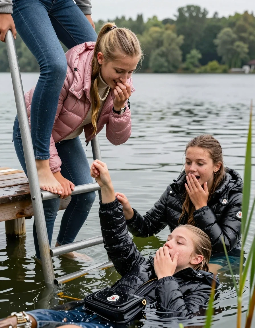 photo of young woman, in soaking wet, drenched clothes,
Heels, Completely soaked tight skinny jeans, Moncler pink shiny Puffer down jacket, Tight turtleneck sweater belly free, handbag, pearl necklace, bracelet, wristwatch , Three Girls on a wooden bathing platform with a bathing ladder on a beautiful lake. The girls smiles with a sense of adventure and climbs half submerged the ladder into the water. The water reaches up to her chest., 
enjoying, wet clothes stuck to body,
detailed textures of the wet clothes, wet face, wet plastered hair,
wet, drenched, professional, high-quality details, full body view.
sharp focus, ultra-high pixel detail, realistic, high-quality, full colors, incredibly detailed, 4k, 8k, 16k, hyper-realistic, RAW photo, masterpiece, ultra-detailed, professionally color graded, professional photograph, Blond sleek long straight hair, sleek ponytail 

15 years old  teenage girl

Laying her breast on the surface.  Looking slightly away. Hold her hand over her mouth and nose.

One Girl inside the water with a black moncler puffer shiny down jacket and one hand on her mouth, hold with the other the viewer's hand, pulling them she is completely underwater up to her neck, afraid and astonished expression. 

She hides in the reeds.

her submerged clothes are hardly vusible under water, she soaked her handbag into the water. The Girls wear different clothes. 

close up view, wet skin, wet clothes, wet hair, damp fabric, water runs down the clothes, wet skin, wet clothes, damp fabric, wet skin, wet clothes, damp fabric, wet skin, wet clothes, damp fabric, wet skin, wet clothes, damp fabric, wet skin, wet clothes, damp fabric, wet skin, wet clothes, damp fabric, wet skin, wet clothes, damp fabric, wet skin, wet clothes, damp fabric, wet skin, wet clothes, damp fabric, wet skin, wet clothes, damp fabric, wet skin, wet clothes, damp fabric, wet skin, wet clothes, damp fabric, wet skin, wet clothes, damp fabric, wet skin, wet clothes, damp fabric, wet skin, wet clothes, damp fabric, wet skin, wet clothes, damp fabric, wet skin, wet clothes, damp fabric, wet skin, wet clothes, damp fabric, wet skin, wet clothes, damp fabric, wet skin, wet clothes, damp fabric