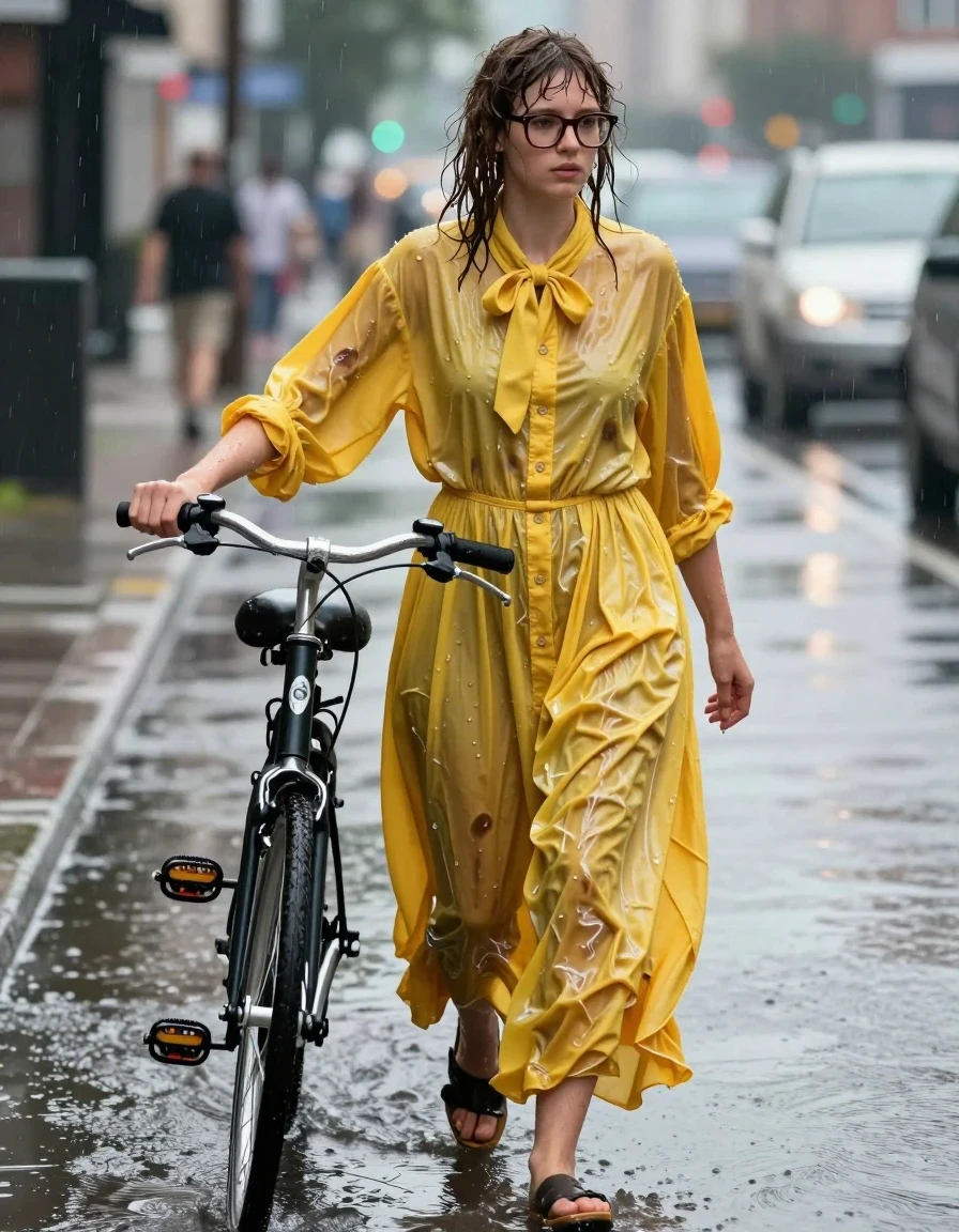 A photorealistic medium shot of a young adult European woman with a nerdy aesthetic, wearing thick-rimmed glasses and a messy, rain-dampened hairstyle. She is wearing an oversized yellow buttoned-down dress with a bowtie, layered over a flowing maxi dress. The fabric is visibly saturated and heavy with water, clinging to her skin with darker, translucent patches, deep folds, and a glossy, wet-sheen texture throughout. She is pushing a bicycle through flooded city streets, the water reaching her ankles, wearing sandals that are submerged in the murky, reflective water. The atmosphere is overcast and rainy, with water droplets clinging to her skin and clothes. Cinematic lighting highlights the liquid reflections on the street surface and the wet fabric of her garments. High-resolution photography, sharp focus on the subject, authentic textures, realistic wetness, detailed fabric saturation, candid street-level perspective.