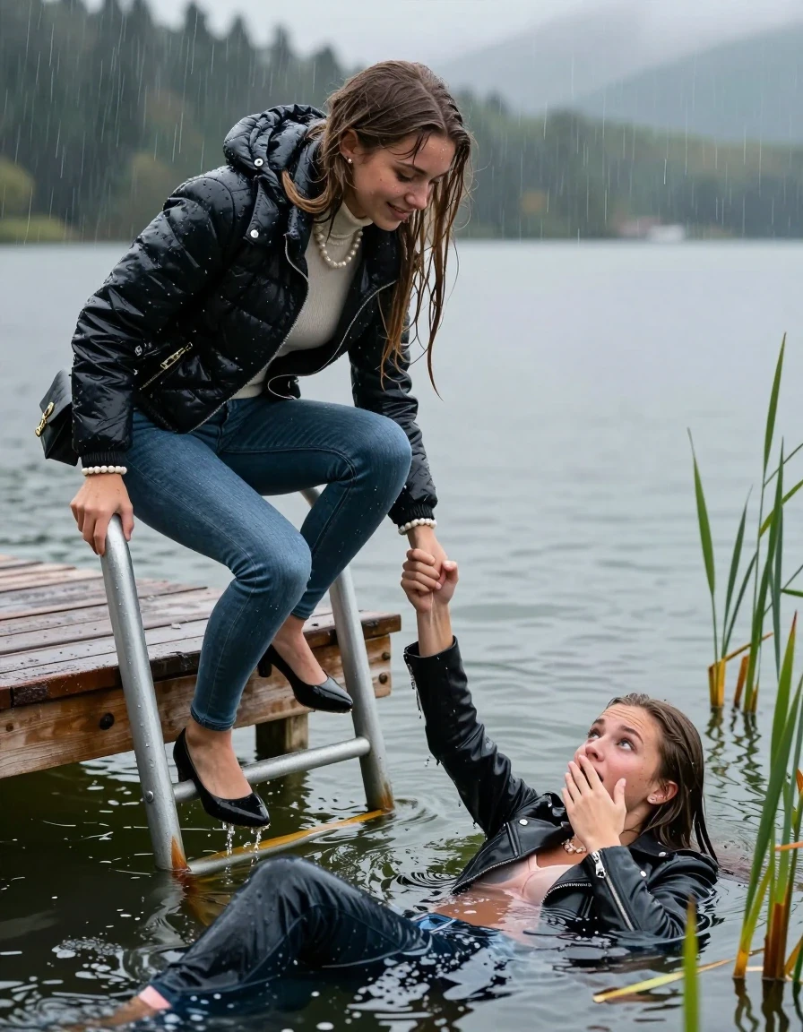 photo of young woman, in soaking wet, drenched clothes,
Heels, Completely soaked tight skinny jeans , Moncler shiny puffer down jacket, Tight turtleneck sweater belly free, handbag, pearl necklace, bracelet, wristwatch , Two Girls on a wooden bathing platform with a bathing ladder on a beautiful lake. The girls smiles with a sense of adventure and climbs the ladder already half submerged into the water. The water reaches up to her chest. Heavy Rain. , 
enjoying, wet clothes stuck to body,
detailed textures of the wet clothes, wet face, wet plastered hair,
wet, drenched, professional, high-quality details, full body view.
sharp focus, ultra-high pixel detail, realistic, high-quality, full colors, incredibly detailed, 4k, 8k, 16k, hyper-realistic, RAW photo, masterpiece, ultra-detailed, professionally color graded, professional photograph, sleek long straight hair

19 years old  teenage girl

Laying her breast on the surface.  Looking slightly away.

One Girl inside the water with a biker leatherjacket and one hand on her mouth, hold with the other the viewer's hand, pulling them she is completely underwater up to her neck, afraid and astonished expression. 

She hides in the reeds.

her submerged clothes are hardly vusible under water, she soaked her handbag into the water. The Girls wear different clothes. 

close up view, wet skin, wet clothes, wet hair, damp fabric, water runs down the clothes, wet skin, wet clothes, damp fabric, wet skin, wet clothes, damp fabric, wet skin, wet clothes, damp fabric, wet skin, wet clothes, damp fabric, wet skin, wet clothes, damp fabric, wet skin, wet clothes, damp fabric, wet skin, wet clothes, damp fabric, wet skin, wet clothes, damp fabric, wet skin, wet clothes, damp fabric, wet skin, wet clothes, damp fabric, wet skin, wet clothes, damp fabric, wet skin, wet clothes, damp fabric, wet skin, wet clothes, damp fabric, wet skin, wet clothes, damp fabric, wet skin, wet clothes, damp fabric, wet skin, wet clothes, damp fabric, wet skin, wet clothes, damp fabric, wet skin, wet clothes, damp fabric, wet skin, wet clothes, damp fabric