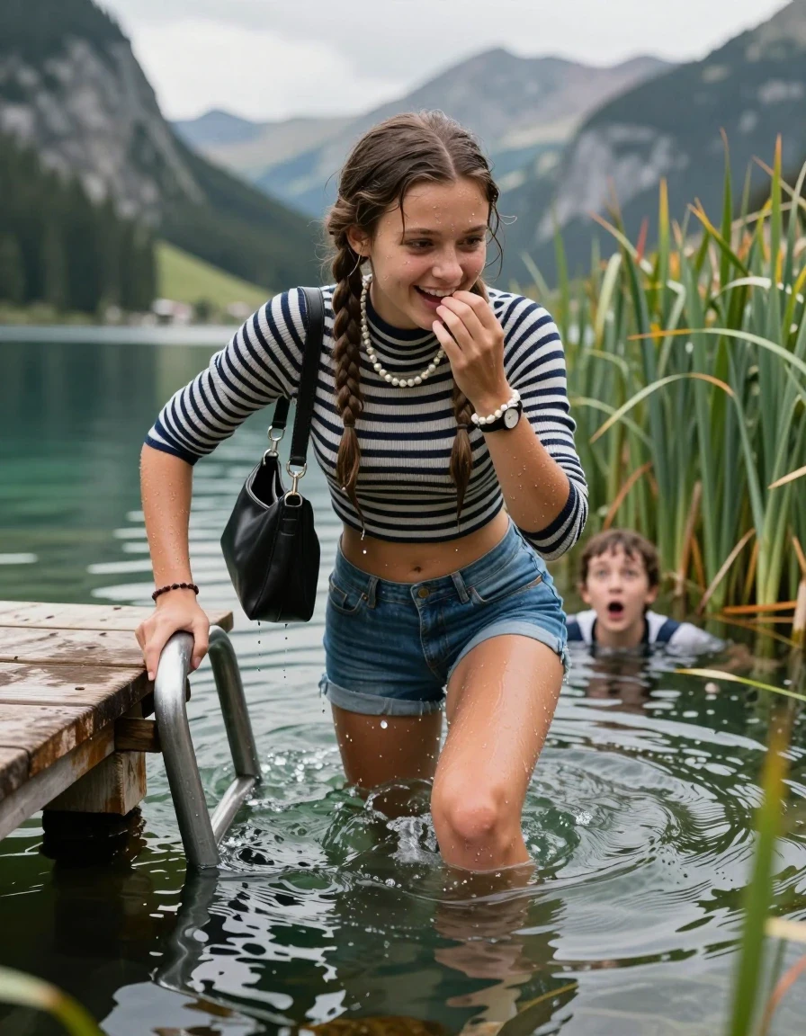 photo of young woman, in soaking wet, drenched clothes,
, mini Jeans Short, Tight striped turtleneck sweater belly free, handbag, pearl necklace, bracelet, wristwatch , on a wooden bathing platform with a bathing ladder on a beautiful mountain lake. The woman smiles with a sense of adventure and climbs the ladder into the water. The water reaches up to her chest., 
enjoying, wet clothes stuck to body,
detailed textures of the wet clothes, wet face, wet plastered hair,
wet, drenched, professional, high-quality details, full body view.
sharp focus, ultra-high pixel detail, realistic, high-quality, full colors, incredibly detailed, 4k, 8k, 16k, hyper-realistic, RAW photo, masterpiece, ultra-detailed, professionally color graded, professional photograph, Two long braids

15 years old  teenage girl

Laying her breast on the surface.  Looking slightly away. Hold her hand over mouth.

she is completely underwater up to her neck, afraid and astonished expression. 

She hides in the reeds and is surprised by spectators

her submerged clothes are hardly vusible under water, she soaked her handbag into the water

close up view, wet skin, wet clothes, wet hair, damp fabric, water runs down the clothes, wet skin, wet clothes, damp fabric, wet skin, wet clothes, damp fabric, wet skin, wet clothes, damp fabric, wet skin, wet clothes, damp fabric, wet skin, wet clothes, damp fabric, wet skin, wet clothes, damp fabric, wet skin, wet clothes, damp fabric, wet skin, wet clothes, damp fabric, wet skin, wet clothes, damp fabric, wet skin, wet clothes, damp fabric, wet skin, wet clothes, damp fabric, wet skin, wet clothes, damp fabric, wet skin, wet clothes, damp fabric, wet skin, wet clothes, damp fabric, wet skin, wet clothes, damp fabric, wet skin, wet clothes, damp fabric, wet skin, wet clothes, damp fabric