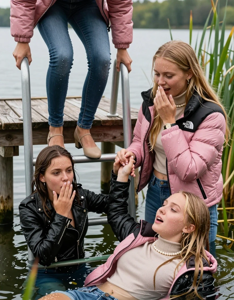 photo of young woman, in soaking wet, drenched clothes,
Heels, Completely soaked tight skinny jeans, Pink Puffer down jacket from north face, Tight turtleneck sweater belly free, handbag, pearl necklace, bracelet, wristwatch , Two Girls on a wooden bathing platform with a bathing ladder on a beautiful lake. The girls smiles with a sense of adventure and climbs the ladder into the water. Her legs are completly inside the water., 
enjoying, wet clothes stuck to body,
detailed textures of the wet clothes, wet face, wet plastered hair,
wet, drenched, professional, high-quality details, full body view.
sharp focus, ultra-high pixel detail, realistic, high-quality, full colors, incredibly detailed, 4k, 8k, 16k, hyper-realistic, RAW photo, masterpiece, ultra-detailed, professionally color graded, professional photograph, Blond sleek long straight hair

19 years old  teenage girl

Laying her breast on the surface.  Looking slightly away. Hold her hand over mouth.

One Girl inside the water with a black biker leatherjacket and one hand on her mouth, hold with the other the viewer's hand, pulling them she is completely underwater up to her neck, afraid and astonished expression. 

She hides in the reeds.

her submerged clothes are hardly vusible under water, she soaked her handbag into the water. The Girls wear different clothes. 

close up view, wet skin, wet clothes, wet hair, damp fabric, water runs down the clothes, wet skin, wet clothes, damp fabric, wet skin, wet clothes, damp fabric, wet skin, wet clothes, damp fabric, wet skin, wet clothes, damp fabric, wet skin, wet clothes, damp fabric, wet skin, wet clothes, damp fabric, wet skin, wet clothes, damp fabric, wet skin, wet clothes, damp fabric, wet skin, wet clothes, damp fabric, wet skin, wet clothes, damp fabric, wet skin, wet clothes, damp fabric, wet skin, wet clothes, damp fabric, wet skin, wet clothes, damp fabric, wet skin, wet clothes, damp fabric, wet skin, wet clothes, damp fabric, wet skin, wet clothes, damp fabric, wet skin, wet clothes, damp fabric, wet skin, wet clothes, damp fabric