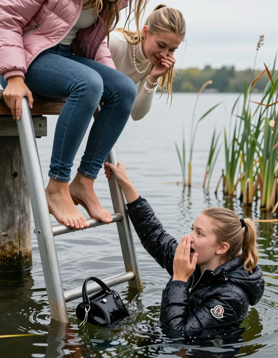 photo of young woman, in soaking wet, drenched clothes,
Heels, Completely soaked tight skinny jeans, Moncler pink shiny Puffer down jacket, Tight turtleneck sweater belly free, handbag, pearl necklace, bracelet, wristwatch , Two Girls on a wooden bathing platform with a bathing ladder on a beautiful lake. The girls smiles with a sense of adventure and climbs half submerged the ladder into the water. The water reaches up to her chest., 
enjoying, wet clothes stuck to body,
detailed textures of the wet clothes, wet face, wet plastered hair,
wet, drenched, professional, high-quality details, full body view.
sharp focus, ultra-high pixel detail, realistic, high-quality, full colors, incredibly detailed, 4k, 8k, 16k, hyper-realistic, RAW photo, masterpiece, ultra-detailed, professionally color graded, professional photograph, Blond sleek long straight hair, sleek ponytail 

18 years old  teenage girl

Laying her breast on the surface.  Looking slightly away. Hold her hand over her mouth and nose.

One Girl inside the water with a black moncler puffer shiny down jacket and one hand on her mouth, hold with the other the viewer's hand, pulling them she is completely underwater up to her neck, afraid and astonished expression. 

She hides in the reeds.

her submerged clothes are hardly vusible under water, she soaked her handbag into the water. The Girls wear different clothes. 

close up view, wet skin, wet clothes, wet hair, damp fabric, water runs down the clothes, wet skin, wet clothes, damp fabric, wet skin, wet clothes, damp fabric, wet skin, wet clothes, damp fabric, wet skin, wet clothes, damp fabric, wet skin, wet clothes, damp fabric, wet skin, wet clothes, damp fabric, wet skin, wet clothes, damp fabric, wet skin, wet clothes, damp fabric, wet skin, wet clothes, damp fabric, wet skin, wet clothes, damp fabric, wet skin, wet clothes, damp fabric, wet skin, wet clothes, damp fabric, wet skin, wet clothes, damp fabric, wet skin, wet clothes, damp fabric, wet skin, wet clothes, damp fabric, wet skin, wet clothes, damp fabric, wet skin, wet clothes, damp fabric, wet skin, wet clothes, damp fabric, wet skin, wet clothes, damp fabric, wet skin, wet clothes, damp fabric