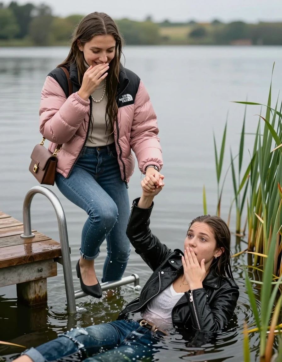 photo of young woman, in soaking wet, drenched clothes,
Heels, Completely soaked tight skinny jeans, Pink Puffer down jacket from north face, Tight turtleneck sweater belly free, handbag, pearl necklace, bracelet, wristwatch , on a wooden bathing platform with a bathing ladder on a beautiful lake. The girls smiles with a sense of adventure and climbs the ladder into the water. The water reaches up to her chest., 
enjoying, wet clothes stuck to body,
detailed textures of the wet clothes, wet face, wet plastered hair,
wet, drenched, professional, high-quality details, full body view.
sharp focus, ultra-high pixel detail, realistic, high-quality, full colors, incredibly detailed, 4k, 8k, 16k, hyper-realistic, RAW photo, masterpiece, ultra-detailed, professionally color graded, professional photograph, sleek long straight hair

19 years old  teenage girl

Laying her breast on the surface.  Looking slightly away. Hold her hand over mouth.

One Girl inside the water with a black biker leatherjacket and one hand on her mouth, hold with the other the viewer's hand, pulling them she is completely underwater up to her neck, afraid and astonished expression. 

She hides in the reeds.

her submerged clothes are hardly vusible under water, she soaked her handbag into the water. The Girls wear different clothes. 

close up view, wet skin, wet clothes, wet hair, damp fabric, water runs down the clothes, wet skin, wet clothes, damp fabric, wet skin, wet clothes, damp fabric, wet skin, wet clothes, damp fabric, wet skin, wet clothes, damp fabric, wet skin, wet clothes, damp fabric, wet skin, wet clothes, damp fabric, wet skin, wet clothes, damp fabric, wet skin, wet clothes, damp fabric, wet skin, wet clothes, damp fabric, wet skin, wet clothes, damp fabric, wet skin, wet clothes, damp fabric, wet skin, wet clothes, damp fabric, wet skin, wet clothes, damp fabric, wet skin, wet clothes, damp fabric, wet skin, wet clothes, damp fabric, wet skin, wet clothes, damp fabric, wet skin, wet clothes, damp fabric, wet skin, wet clothes, damp fabric, wet skin, wet clothes, damp fabric
