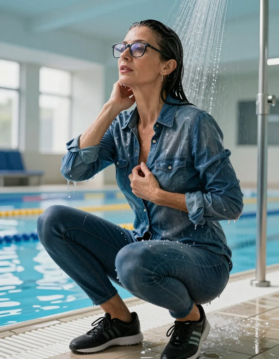 photo of young woman, in soaking wet, drenched clothes,
sport shoes, blue jeans, denim shirt over clinging, taking shower after swim in indoor swimming pool, enjoying wet clothes stuck body, enjoying, wet clothes stuck to body, 
enjoying, wet clothes stuck to body,
detailed textures of the wet clothes, wet face, wet plastered hair,
wet, drenched, professional, high-quality details, full body view.
sharp focus, ultra-high pixel detail, realistic, high-quality, full colors, incredibly detailed, 4k, 8k, 16k, hyper-realistic, RAW photo, masterpiece, ultra-detailed, professionally color graded, professional photograph, europen brunette skinny woman 50 years old, long dark black hair, very big and thick lips,  office glasses, complete body, wet skin, wet clothes, damp fabric, wet skin, wet clothes, damp fabric, wet skin, wet clothes, damp fabric, wet skin, wet clothes, damp fabric, wet skin, wet clothes, damp fabric, wet skin, wet clothes, damp fabric
