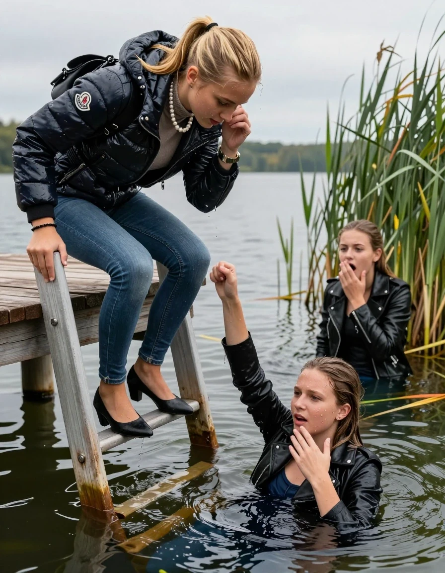 photo of young woman, in soaking wet, drenched clothes,
Heels, Completely soaked tight skinny jeans, Moncler shiny Puffer down jacket, Tight turtleneck sweater belly free, handbag, pearl necklace, bracelet, wristwatch , Three Girls on a wooden bathing platform with a bathing ladder on a beautiful lake. The girls smiles with a sense of adventure and climbs the ladder into the water. The water reaches up to her chest., 
enjoying, wet clothes stuck to body,
detailed textures of the wet clothes, wet face, wet plastered hair,
wet, drenched, professional, high-quality details, full body view.
sharp focus, ultra-high pixel detail, realistic, high-quality, full colors, incredibly detailed, 4k, 8k, 16k, hyper-realistic, RAW photo, masterpiece, ultra-detailed, professionally color graded, professional photograph, Blond sleek long straight hair, sleek ponytail 

15 years old  teenage girl

Laying her breast on the surface.  Looking slightly away. Hold her hand over her face.

One Girl inside the water with a black biker leatherjacket and one hand on her mouth, hold with the other the viewer's hand, pulling them she is completely underwater up to her neck, afraid and astonished expression. 

She hides in the reeds.

her submerged clothes are hardly vusible under water, she soaked her handbag into the water. The Girls wear different clothes. 

close up view, wet skin, wet clothes, wet hair, damp fabric, water runs down the clothes, wet skin, wet clothes, damp fabric, wet skin, wet clothes, damp fabric, wet skin, wet clothes, damp fabric, wet skin, wet clothes, damp fabric, wet skin, wet clothes, damp fabric, wet skin, wet clothes, damp fabric, wet skin, wet clothes, damp fabric, wet skin, wet clothes, damp fabric, wet skin, wet clothes, damp fabric, wet skin, wet clothes, damp fabric, wet skin, wet clothes, damp fabric, wet skin, wet clothes, damp fabric, wet skin, wet clothes, damp fabric, wet skin, wet clothes, damp fabric, wet skin, wet clothes, damp fabric, wet skin, wet clothes, damp fabric, wet skin, wet clothes, damp fabric, wet skin, wet clothes, damp fabric, wet skin, wet clothes, damp fabric, wet skin, wet clothes, damp fabric