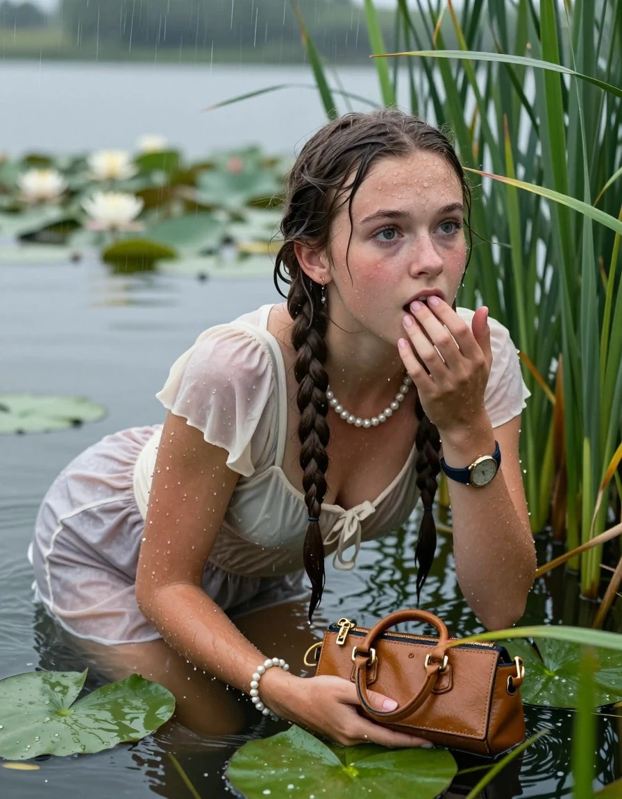 photo of young woman, in soaking wet, drenched clothes,
, , Short Summer dress, handbag, pearl necklace, bracelet, wristwatch , Emerging after diving in a lake with water lilies and reeds, rain , 
enjoying, wet clothes stuck to body,
detailed textures of the wet clothes, wet face, wet plastered hair,
wet, drenched, professional, high-quality details, full body view.
sharp focus, ultra-high pixel detail, realistic, high-quality, full colors, incredibly detailed, 4k, 8k, 16k, hyper-realistic, RAW photo, masterpiece, ultra-detailed, professionally color graded, professional photograph, Two long braids

15 years old  teenage girl

Laying her breast on the surface.  Looking slightly away. Hold her hand on mouth.

she is completely underwater up to her neck, afraid and astonished expression. 

She hides in the reeds and is surprised by spectators

her submerged clothes are hardly vusible under water, she soaked her handbag into the water

close up view, wet skin, wet clothes, wet hair, damp fabric, water runs down the clothes, wet skin, wet clothes, damp fabric, wet skin, wet clothes, damp fabric, wet skin, wet clothes, damp fabric, wet skin, wet clothes, damp fabric, wet skin, wet clothes, damp fabric, wet skin, wet clothes, damp fabric, wet skin, wet clothes, damp fabric, wet skin, wet clothes, damp fabric, wet skin, wet clothes, damp fabric, wet skin, wet clothes, damp fabric, wet skin, wet clothes, damp fabric, wet skin, wet clothes, damp fabric, wet skin, wet clothes, damp fabric, wet skin, wet clothes, damp fabric, wet skin, wet clothes, damp fabric, wet skin, wet clothes, damp fabric, wet skin, wet clothes, damp fabric