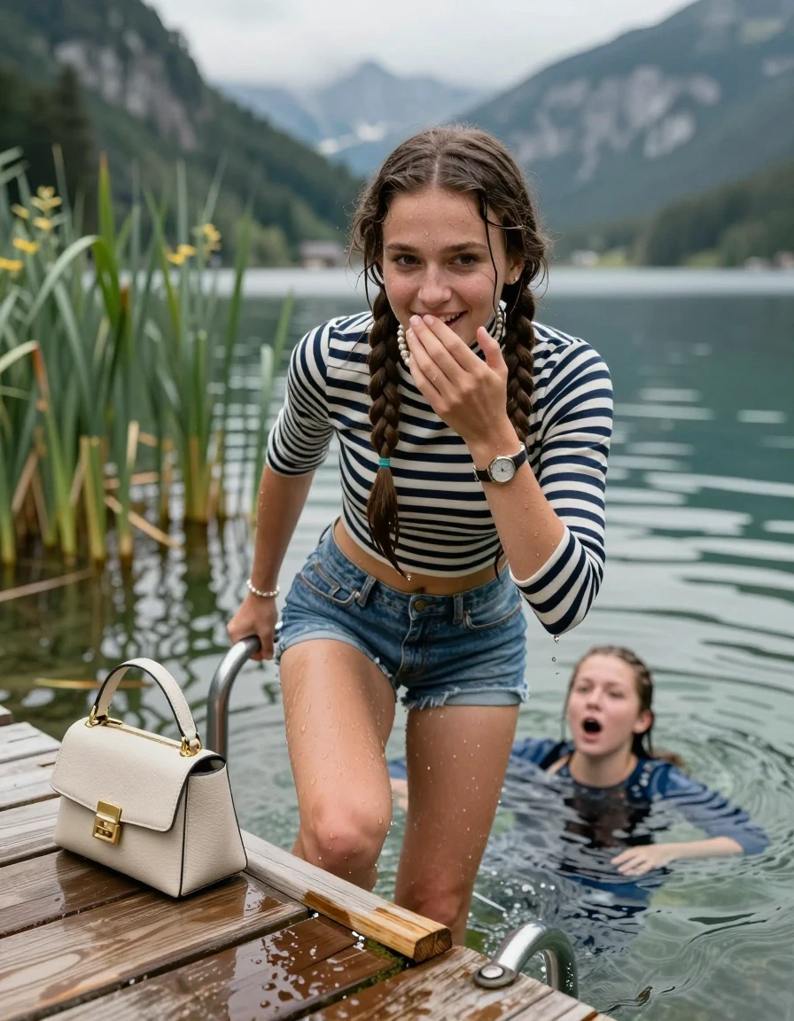 photo of young woman, in soaking wet, drenched clothes,
, mini Jeans Short, Tight striped turtleneck sweater belly free, handbag, pearl necklace, bracelet, wristwatch , on a wooden bathing platform with a bathing ladder on a beautiful mountain lake. The woman smiles with a sense of adventure and climbs the ladder into the water. The water reaches up to her chest., 
enjoying, wet clothes stuck to body,
detailed textures of the wet clothes, wet face, wet plastered hair,
wet, drenched, professional, high-quality details, full body view.
sharp focus, ultra-high pixel detail, realistic, high-quality, full colors, incredibly detailed, 4k, 8k, 16k, hyper-realistic, RAW photo, masterpiece, ultra-detailed, professionally color graded, professional photograph, Two long braids

19 years old  teenage girl

Laying her breast on the surface.  Looking slightly away. Hold her hand over mouth.

she is completely underwater up to her neck, afraid and astonished expression. 

She hides in the reeds and is surprised by spectators

her submerged clothes are hardly vusible under water, she soaked her handbag into the water

close up view, wet skin, wet clothes, wet hair, damp fabric, water runs down the clothes, wet skin, wet clothes, damp fabric, wet skin, wet clothes, damp fabric, wet skin, wet clothes, damp fabric, wet skin, wet clothes, damp fabric, wet skin, wet clothes, damp fabric, wet skin, wet clothes, damp fabric, wet skin, wet clothes, damp fabric, wet skin, wet clothes, damp fabric, wet skin, wet clothes, damp fabric, wet skin, wet clothes, damp fabric, wet skin, wet clothes, damp fabric, wet skin, wet clothes, damp fabric, wet skin, wet clothes, damp fabric, wet skin, wet clothes, damp fabric, wet skin, wet clothes, damp fabric, wet skin, wet clothes, damp fabric, wet skin, wet clothes, damp fabric