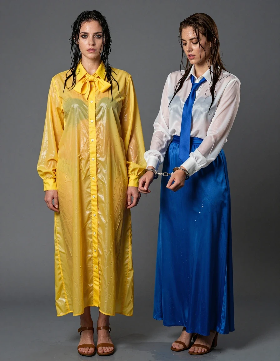 photo of young woman, in soaking wet, drenched clothes,
sandals, both: maxi dress, 1st woman: oversized yellow buttoned-down nylon dress with bowtie; 2nd woman: white long-sleeved satin blouse with blue necktie, maxi blue silk skirt, damp dungeon, 
enjoying, wet clothes stuck to body,
detailed textures of the wet clothes, wet face, wet plastered hair,
wet, drenched, professional, high-quality details, full body view.
sharp focus, ultra-high pixel detail, realistic, high-quality, full colors, incredibly detailed, 4k, 8k, 16k, hyper-realistic, RAW photo, masterpiece, ultra-detailed, professionally color graded, professional photograph, nerdy teachers in their 30s. 2nd woman is handcuffing the 1st, wet skin, wet clothes, damp fabric