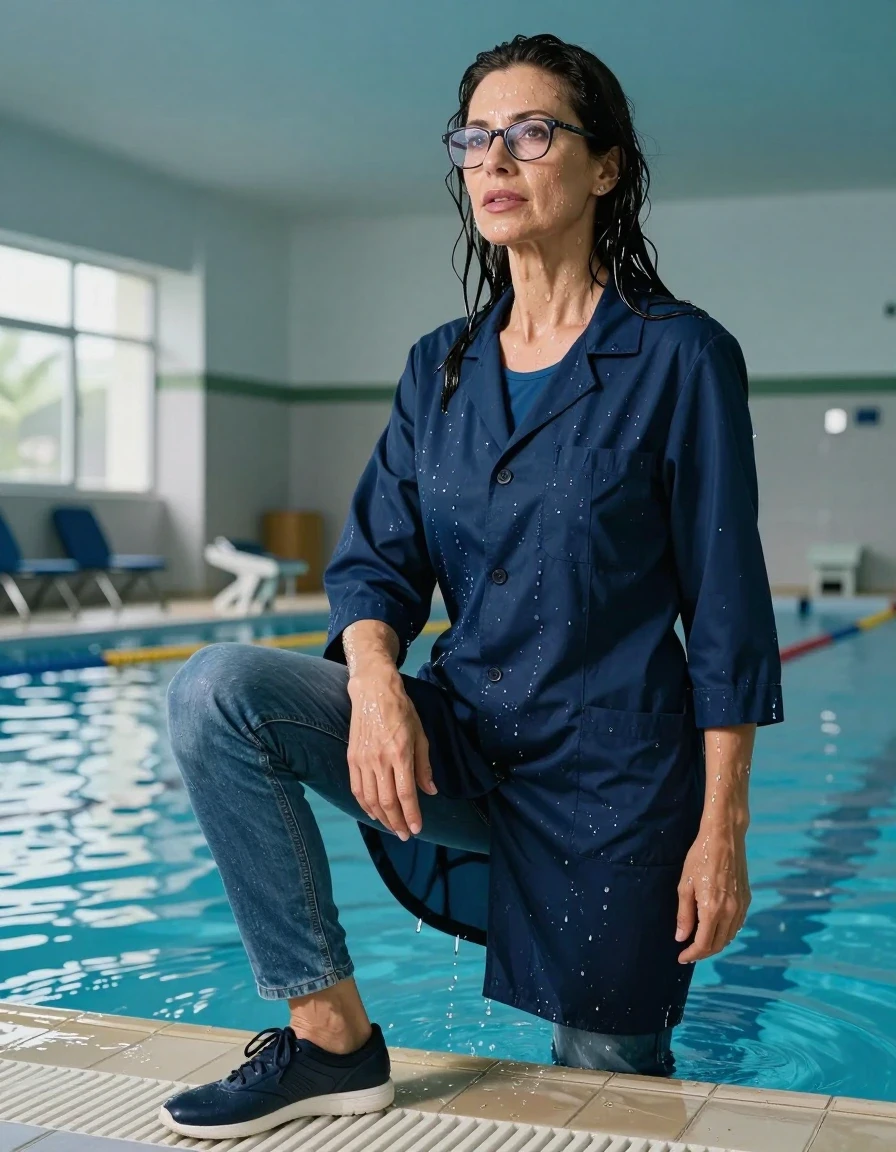 photo of young woman, in soaking wet, drenched clothes,
shoes, blue jeans, dark blue t-shirt over clinging, maxi dark blue labcoat, indoor swimming pool, enjoying wet clothes stuck body, enjoying, wet clothes stuck to body, 
enjoying, wet clothes stuck to body,
detailed textures of the wet clothes, wet face, wet plastered hair,
wet, drenched, professional, high-quality details, full body view.
sharp focus, ultra-high pixel detail, realistic, high-quality, full colors, incredibly detailed, 4k, 8k, 16k, hyper-realistic, RAW photo, masterpiece, ultra-detailed, professionally color graded, professional photograph, europen brunette skinny woman 50 years old, long dark black hair, office glasses, very big and thick lips, complete body, wet skin, wet clothes, damp fabric, wet skin, wet clothes, damp fabric, wet skin, wet clothes, damp fabric, wet skin, wet clothes, damp fabric, wet skin, wet clothes, damp fabric, wet skin, wet clothes, damp fabric