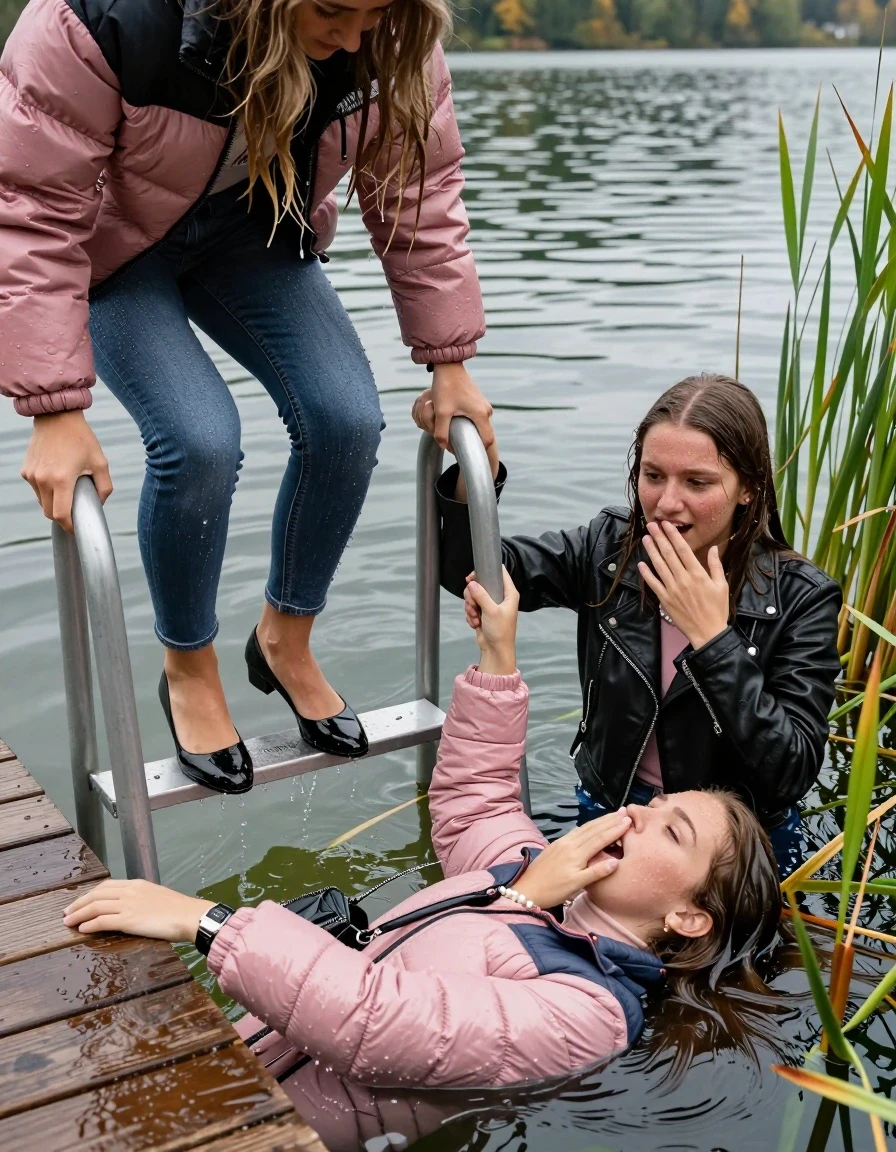 photo of young woman, in soaking wet, drenched clothes,
Heels, Completely soaked tight skinny jeans, Pink Puffer down jacket from north face, Tight turtleneck sweater belly free, handbag, pearl necklace, bracelet, wristwatch , Two Girls on a wooden bathing platform with a bathing ladder on a beautiful lake. The girls smiles with a sense of adventure and climbs the ladder into the water. The water reaches up to her chest., 
enjoying, wet clothes stuck to body,
detailed textures of the wet clothes, wet face, wet plastered hair,
wet, drenched, professional, high-quality details, full body view.
sharp focus, ultra-high pixel detail, realistic, high-quality, full colors, incredibly detailed, 4k, 8k, 16k, hyper-realistic, RAW photo, masterpiece, ultra-detailed, professionally color graded, professional photograph, sleek long straight hair

19 years old  teenage girl

Laying her breast on the surface.  Looking slightly away. Hold her hand over mouth.

One Girl inside the water with a black biker leatherjacket and one hand on her mouth, hold with the other the viewer's hand, pulling them she is completely underwater up to her neck, afraid and astonished expression. 

She hides in the reeds.

her submerged clothes are hardly vusible under water, she soaked her handbag into the water. The Girls wear different clothes. 

close up view, wet skin, wet clothes, wet hair, damp fabric, water runs down the clothes, wet skin, wet clothes, damp fabric, wet skin, wet clothes, damp fabric, wet skin, wet clothes, damp fabric, wet skin, wet clothes, damp fabric, wet skin, wet clothes, damp fabric, wet skin, wet clothes, damp fabric, wet skin, wet clothes, damp fabric, wet skin, wet clothes, damp fabric, wet skin, wet clothes, damp fabric, wet skin, wet clothes, damp fabric, wet skin, wet clothes, damp fabric, wet skin, wet clothes, damp fabric, wet skin, wet clothes, damp fabric, wet skin, wet clothes, damp fabric, wet skin, wet clothes, damp fabric, wet skin, wet clothes, damp fabric, wet skin, wet clothes, damp fabric, wet skin, wet clothes, damp fabric, wet skin, wet clothes, damp fabric