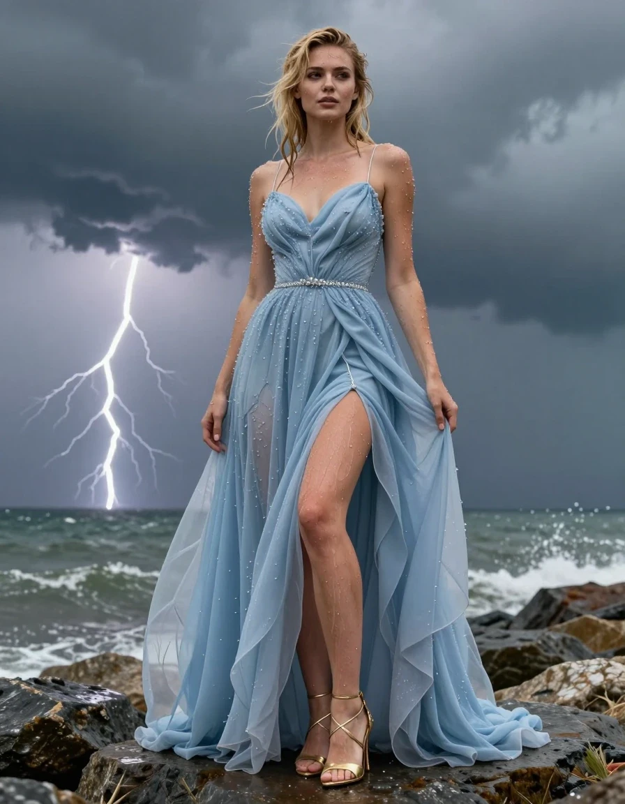 photo of young woman, in soaking wet, drenched clothes,
Strappy gold stilettos , Pale blue ball gown , Standing on rocks, thunder storm , 
enjoying, wet clothes stuck to body,
detailed textures of the wet clothes, wet face, wet plastered hair,
wet, drenched, professional, high-quality details, full body view.
sharp focus, ultra-high pixel detail, realistic, high-quality, full colors, incredibly detailed, 4k, 8k, 16k, hyper-realistic, RAW photo, masterpiece, ultra-detailed, professionally color graded, professional photograph, Blonde, wet clothes, wet skin, wet clothes, damp fabric