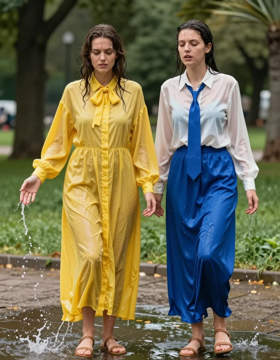 photo of young woman, in soaking wet, drenched clothes,
sandals, both: maxi dress, 1st woman: oversized yellow buttoned-down nylon dress with bowtie; 2nd woman: white long-sleeved satin blouse with blue necktie, maxi blue silk skirt, empty park, 
enjoying, wet clothes stuck to body,
detailed textures of the wet clothes, wet face, wet plastered hair,
wet, drenched, professional, high-quality details, full body view.
sharp focus, ultra-high pixel detail, realistic, high-quality, full colors, incredibly detailed, 4k, 8k, 16k, hyper-realistic, RAW photo, masterpiece, ultra-detailed, professionally color graded, professional photograph, nerdy teachers in their 30s splashing water on each other, wet skin, wet clothes, damp fabric