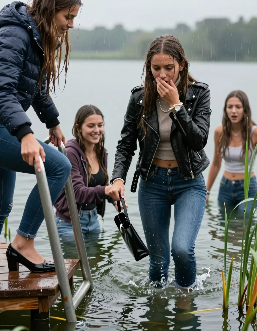 photo of young woman, in soaking wet, drenched clothes,
Heels, Completely soaked tight skinny jeans , Moncler shiny puffer down jacket, Tight turtleneck sweater belly free, handbag, pearl necklace, bracelet, wristwatch , Group of Girls on a wooden bathing platform with a bathing ladder on a beautiful lake. The girls smiles with a sense of adventure and climbs the ladder already half submerged into the water. The water reaches up to her chest. Heavy Rain. , 
enjoying, wet clothes stuck to body,
detailed textures of the wet clothes, wet face, wet plastered hair,
wet, drenched, professional, high-quality details, full body view.
sharp focus, ultra-high pixel detail, realistic, high-quality, full colors, incredibly detailed, 4k, 8k, 16k, hyper-realistic, RAW photo, masterpiece, ultra-detailed, professionally color graded, professional photograph, sleek long straight hair

19 years old  teenage girl

One Girl inside the water with a biker leatherjacket and one hand on her mouth, hold with the other the viewer's hand, pulling them she is completely underwater up to her neck, afraid and astonished expression. 

She hides in the reeds.

her submerged clothes are hardly vusible under water, she soaked her handbag into the water. The Girls wear different clothes. 

close up view, wet skin, wet clothes, wet hair, damp fabric, water runs down the clothes, wet skin, wet clothes, damp fabric, wet skin, wet clothes, damp fabric, wet skin, wet clothes, damp fabric, wet skin, wet clothes, damp fabric, wet skin, wet clothes, damp fabric, wet skin, wet clothes, damp fabric, wet skin, wet clothes, damp fabric, wet skin, wet clothes, damp fabric, wet skin, wet clothes, damp fabric, wet skin, wet clothes, damp fabric, wet skin, wet clothes, damp fabric, wet skin, wet clothes, damp fabric, wet skin, wet clothes, damp fabric, wet skin, wet clothes, damp fabric, wet skin, wet clothes, damp fabric, wet skin, wet clothes, damp fabric, wet skin, wet clothes, damp fabric, wet skin, wet clothes, damp fabric, wet skin, wet clothes, damp fabric