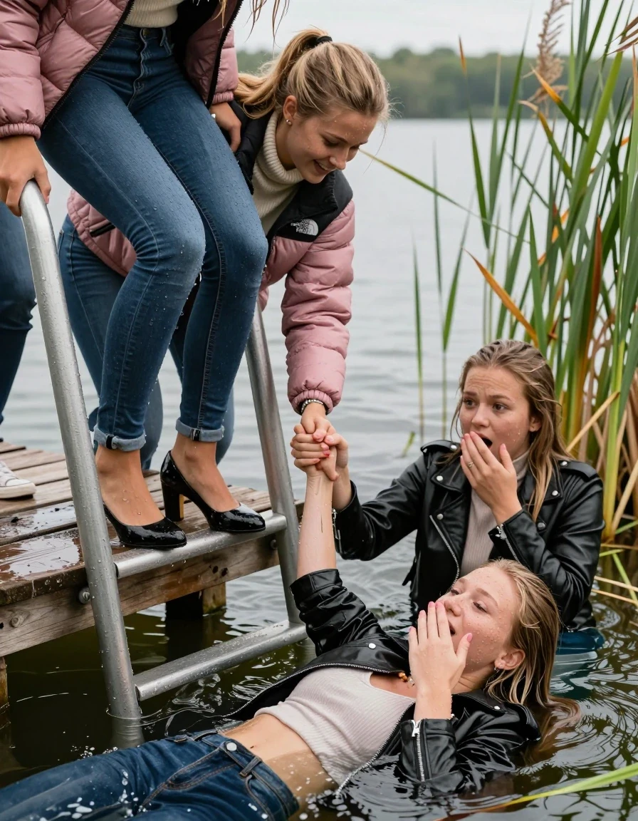 photo of young woman, in soaking wet, drenched clothes,
Heels, Completely soaked tight skinny jeans, Pink Puffer down jacket from north face, Tight turtleneck sweater belly free, handbag, pearl necklace, bracelet, wristwatch , Three Girls on a wooden bathing platform with a bathing ladder on a beautiful lake. The girls smiles with a sense of adventure and climbs the ladder into the water. The water reaches up to her chest., 
enjoying, wet clothes stuck to body,
detailed textures of the wet clothes, wet face, wet plastered hair,
wet, drenched, professional, high-quality details, full body view.
sharp focus, ultra-high pixel detail, realistic, high-quality, full colors, incredibly detailed, 4k, 8k, 16k, hyper-realistic, RAW photo, masterpiece, ultra-detailed, professionally color graded, professional photograph, Blond sleek long straight hair, sleek ponytail 

19 years old  teenage girl

Laying her breast on the surface.  Looking slightly away. Hold her hand over mouth.

One Girl inside the water with a black biker leatherjacket and one hand on her mouth, hold with the other the viewer's hand, pulling them she is completely underwater up to her neck, afraid and astonished expression. 

She hides in the reeds.

her submerged clothes are hardly vusible under water, she soaked her handbag into the water. The Girls wear different clothes. 

close up view, wet skin, wet clothes, wet hair, damp fabric, water runs down the clothes, wet skin, wet clothes, damp fabric, wet skin, wet clothes, damp fabric, wet skin, wet clothes, damp fabric, wet skin, wet clothes, damp fabric, wet skin, wet clothes, damp fabric, wet skin, wet clothes, damp fabric, wet skin, wet clothes, damp fabric, wet skin, wet clothes, damp fabric, wet skin, wet clothes, damp fabric, wet skin, wet clothes, damp fabric, wet skin, wet clothes, damp fabric, wet skin, wet clothes, damp fabric, wet skin, wet clothes, damp fabric, wet skin, wet clothes, damp fabric, wet skin, wet clothes, damp fabric, wet skin, wet clothes, damp fabric, wet skin, wet clothes, damp fabric, wet skin, wet clothes, damp fabric, wet skin, wet clothes, damp fabric