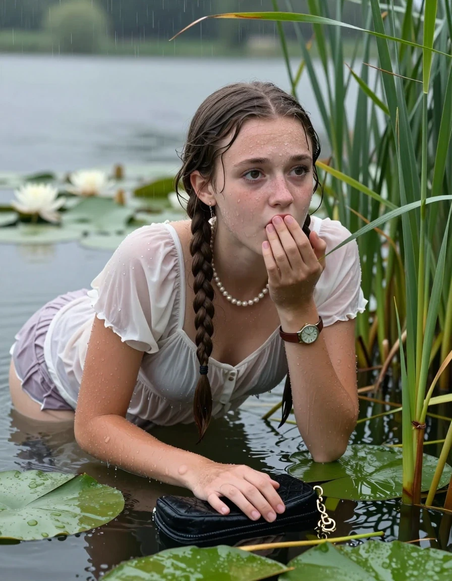 photo of young woman, in soaking wet, drenched clothes,
, , Short Summer dress, handbag, pearl necklace, bracelet, wristwatch , Emerging after diving in a lake with water lilies and reeds, rain , 
enjoying, wet clothes stuck to body,
detailed textures of the wet clothes, wet face, wet plastered hair,
wet, drenched, professional, high-quality details, full body view.
sharp focus, ultra-high pixel detail, realistic, high-quality, full colors, incredibly detailed, 4k, 8k, 16k, hyper-realistic, RAW photo, masterpiece, ultra-detailed, professionally color graded, professional photograph, Two long braids

15 years old  teenage girl

Laying her breast on the surface.  Looking slightly away. Hold her hand on mouth.

she is completely underwater up to her neck, afraid and astonished expression. 

She hides in the reeds and is surprised by spectators

her submerged clothes are hardly vusible under water, she soaked her handbag into the water

close up view, wet skin, wet clothes, wet hair, damp fabric, water runs down the clothes, wet skin, wet clothes, damp fabric, wet skin, wet clothes, damp fabric, wet skin, wet clothes, damp fabric, wet skin, wet clothes, damp fabric, wet skin, wet clothes, damp fabric, wet skin, wet clothes, damp fabric, wet skin, wet clothes, damp fabric, wet skin, wet clothes, damp fabric, wet skin, wet clothes, damp fabric, wet skin, wet clothes, damp fabric, wet skin, wet clothes, damp fabric, wet skin, wet clothes, damp fabric, wet skin, wet clothes, damp fabric, wet skin, wet clothes, damp fabric, wet skin, wet clothes, damp fabric, wet skin, wet clothes, damp fabric, wet skin, wet clothes, damp fabric