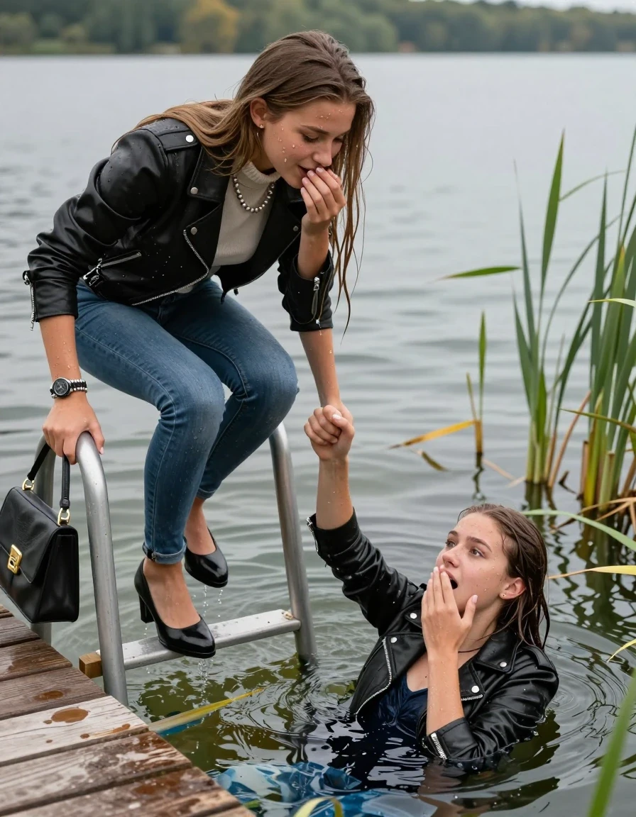 photo of young woman, in soaking wet, drenched clothes,
Heels, Completely soaked tight skinny jeans , biker leatherjacket, Tight turtleneck sweater belly free, handbag, pearl necklace, bracelet, wristwatch , Two Girls on a wooden bathing platform with a bathing ladder on a beautiful lake. The girls smiles with a sense of adventure and climbs the ladder into the water. The water reaches up to her chest., 
enjoying, wet clothes stuck to body,
detailed textures of the wet clothes, wet face, wet plastered hair,
wet, drenched, professional, high-quality details, full body view.
sharp focus, ultra-high pixel detail, realistic, high-quality, full colors, incredibly detailed, 4k, 8k, 16k, hyper-realistic, RAW photo, masterpiece, ultra-detailed, professionally color graded, professional photograph, sleek long straight hair

19 years old  teenage girl

Laying her breast on the surface.  Looking slightly away. Hold her hand over mouth.

One Girl inside the water with a biker leatherjacket and one hand on her mouth, hold with the other the viewer's hand, pulling them she is completely underwater up to her neck, afraid and astonished expression. 

She hides in the reeds.

her submerged clothes are hardly vusible under water, she soaked her handbag into the water. The Girls wear different clothes. 

close up view, wet skin, wet clothes, wet hair, damp fabric, water runs down the clothes, wet skin, wet clothes, damp fabric, wet skin, wet clothes, damp fabric, wet skin, wet clothes, damp fabric, wet skin, wet clothes, damp fabric, wet skin, wet clothes, damp fabric, wet skin, wet clothes, damp fabric, wet skin, wet clothes, damp fabric, wet skin, wet clothes, damp fabric, wet skin, wet clothes, damp fabric, wet skin, wet clothes, damp fabric, wet skin, wet clothes, damp fabric, wet skin, wet clothes, damp fabric, wet skin, wet clothes, damp fabric, wet skin, wet clothes, damp fabric, wet skin, wet clothes, damp fabric, wet skin, wet clothes, damp fabric, wet skin, wet clothes, damp fabric, wet skin, wet clothes, damp fabric, wet skin, wet clothes, damp fabric