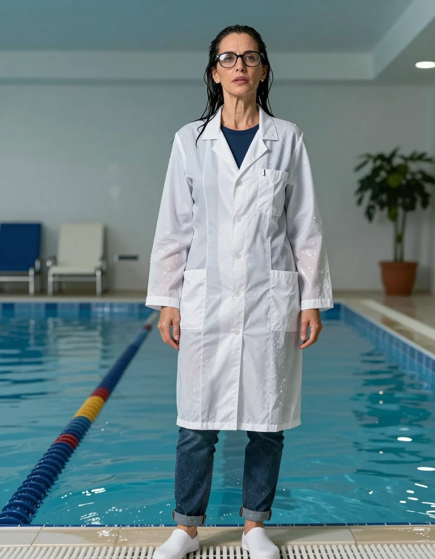 photo of young woman, in soaking wet, drenched clothes,
shoes, blue jeans, dark blue t-shirt over clinging, maxi white labcoat, shower indoor swimming pool, enjoying wet clothes stuck body, enjoying, wet clothes stuck to body, 
enjoying, wet clothes stuck to body,
detailed textures of the wet clothes, wet face, wet plastered hair,
wet, drenched, professional, high-quality details, full body view.
sharp focus, ultra-high pixel detail, realistic, high-quality, full colors, incredibly detailed, 4k, 8k, 16k, hyper-realistic, RAW photo, masterpiece, ultra-detailed, professionally color graded, professional photograph, europen brunette skinny woman 50 years old, long dark black hair, office glasses, very big and thick lips, complete body, wet skin, wet clothes, damp fabric, wet skin, wet clothes, damp fabric, wet skin, wet clothes, damp fabric, wet skin, wet clothes, damp fabric, wet skin, wet clothes, damp fabric, wet skin, wet clothes, damp fabric