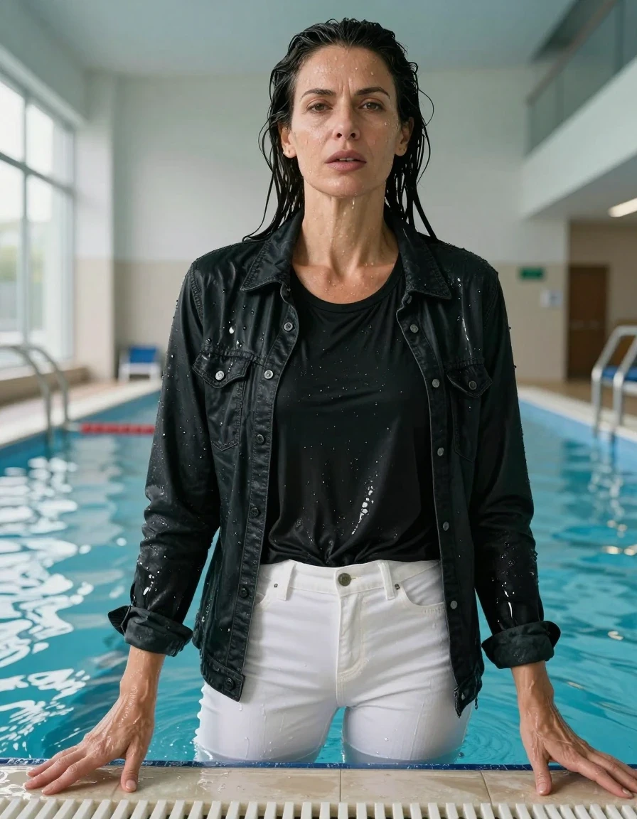 photo of young woman, in soaking wet, drenched clothes,
sport shoes, white jeans, black t-shirt over clinging, black denim shirt, in intdoor sunny swimming pool, enjoying wet clothes stuck body, enjoying, wet clothes stuck to body, 
enjoying, wet clothes stuck to body,
detailed textures of the wet clothes, wet face, wet plastered hair,
wet, drenched, professional, high-quality details, full body view.
sharp focus, ultra-high pixel detail, realistic, high-quality, full colors, incredibly detailed, 4k, 8k, 16k, hyper-realistic, RAW photo, masterpiece, ultra-detailed, professionally color graded, professional photograph, europen brunette skinny woman 50 years old, long dark black hair, very big and thick lips, complete body, wet skin, wet clothes, damp fabric, wet skin, wet clothes, damp fabric, wet skin, wet clothes, damp fabric, wet skin, wet clothes, damp fabric, wet skin, wet clothes, damp fabric, wet skin, wet clothes, damp fabric