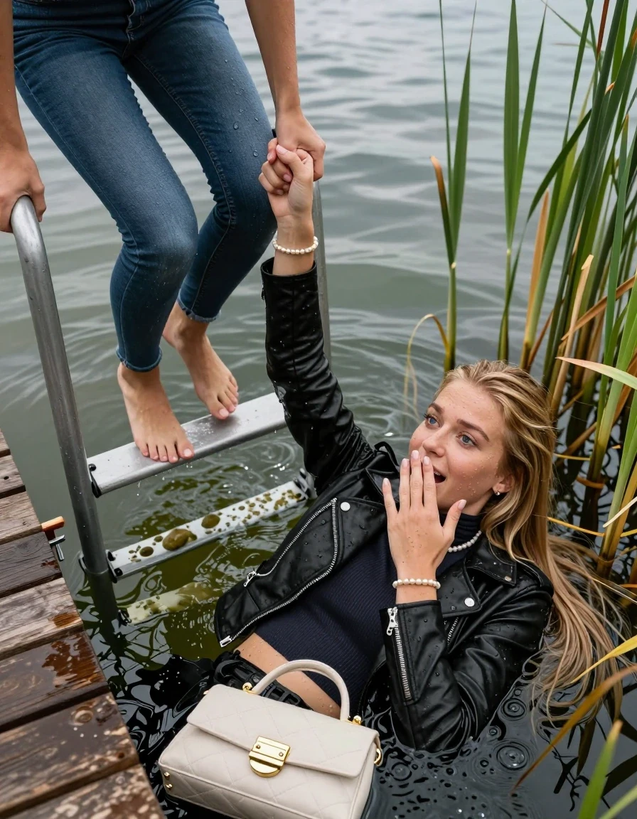 photo of young woman, in soaking wet, drenched clothes,
, Completely soaked tight skinny jeans , Black biker leatherjacket, Tight turtleneck sweater belly free, handbag, pearl necklace, bracelet, wristwatch , on a wooden bathing platform with a bathing ladder on a beautiful lake. The woman smiles with a sense of adventure and climbs the ladder into the water. The water reaches up to her chest., 
enjoying, wet clothes stuck to body,
detailed textures of the wet clothes, wet face, wet plastered hair,
wet, drenched, professional, high-quality details, full body view.
sharp focus, ultra-high pixel detail, realistic, high-quality, full colors, incredibly detailed, 4k, 8k, 16k, hyper-realistic, RAW photo, masterpiece, ultra-detailed, professionally color graded, professional photograph, Blond sleek long straight hair

19 years old  teenage girl

Laying her breast on the surface.  Looking slightly away. Hold her hand over mouth.

One Girl inside the water with a black biker leatherjacket and one hand on her mouth, hold with the other the viewer's hand, pulling them she is completely underwater up to her neck, afraid and astonished expression. 

She hides in the reeds.

her submerged clothes are hardly vusible under water, she soaked her handbag into the water. The Girls wear different clothes. 

close up view, wet skin, wet clothes, wet hair, damp fabric, water runs down the clothes, wet skin, wet clothes, damp fabric, wet skin, wet clothes, damp fabric, wet skin, wet clothes, damp fabric, wet skin, wet clothes, damp fabric, wet skin, wet clothes, damp fabric, wet skin, wet clothes, damp fabric, wet skin, wet clothes, damp fabric, wet skin, wet clothes, damp fabric, wet skin, wet clothes, damp fabric, wet skin, wet clothes, damp fabric, wet skin, wet clothes, damp fabric, wet skin, wet clothes, damp fabric, wet skin, wet clothes, damp fabric, wet skin, wet clothes, damp fabric, wet skin, wet clothes, damp fabric, wet skin, wet clothes, damp fabric, wet skin, wet clothes, damp fabric, wet skin, wet clothes, damp fabric, wet skin, wet clothes, damp fabric