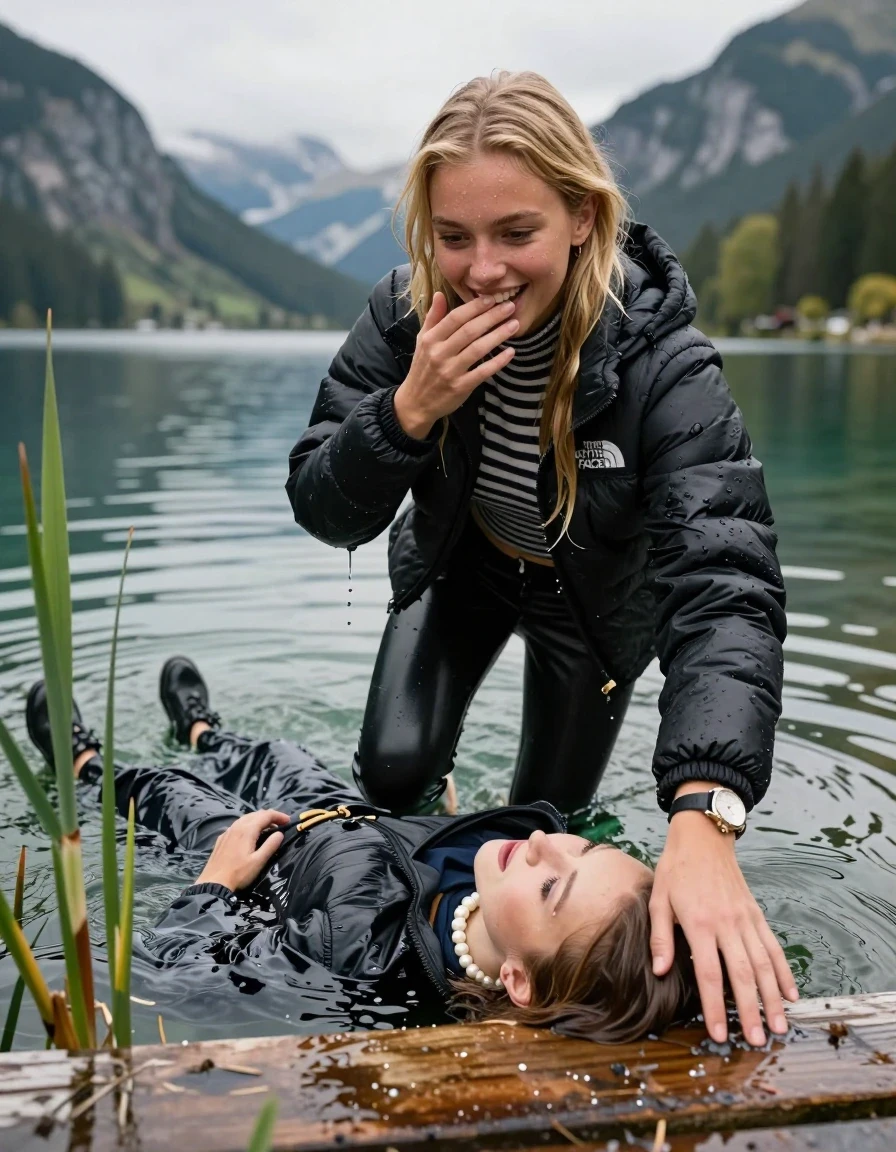 photo of young woman, in soaking wet, drenched clothes,
, Black leatherleggings , Black Puffer down jacket from north face, Tight striped turtleneck sweater belly free, handbag, pearl necklace, bracelet, wristwatch , on a wooden bathing platform with a bathing ladder on a beautiful mountain lake. The woman smiles with a sense of adventure and climbs the ladder into the water. The water reaches up to her chest., 
enjoying, wet clothes stuck to body,
detailed textures of the wet clothes, wet face, wet plastered hair,
wet, drenched, professional, high-quality details, full body view.
sharp focus, ultra-high pixel detail, realistic, high-quality, full colors, incredibly detailed, 4k, 8k, 16k, hyper-realistic, RAW photo, masterpiece, ultra-detailed, professionally color graded, professional photograph, Blond sleek long straight hair

19 years old  teenage girl

Laying her breast on the surface.  Looking slightly away. Hold her hand over mouth.

One Girl inside the water 0ne hand on her mouth, hold with the other the viewer's hand, pulling them she is completely underwater up to her neck, afraid and astonished expression. 

She hides in the reeds.

her submerged clothes are hardly vusible under water, she soaked her handbag into the water. The Girls wear different clothes. 

close up view, wet skin, wet clothes, wet hair, damp fabric, water runs down the clothes, wet skin, wet clothes, damp fabric, wet skin, wet clothes, damp fabric, wet skin, wet clothes, damp fabric, wet skin, wet clothes, damp fabric, wet skin, wet clothes, damp fabric, wet skin, wet clothes, damp fabric, wet skin, wet clothes, damp fabric, wet skin, wet clothes, damp fabric, wet skin, wet clothes, damp fabric, wet skin, wet clothes, damp fabric, wet skin, wet clothes, damp fabric, wet skin, wet clothes, damp fabric, wet skin, wet clothes, damp fabric, wet skin, wet clothes, damp fabric, wet skin, wet clothes, damp fabric, wet skin, wet clothes, damp fabric, wet skin, wet clothes, damp fabric, wet skin, wet clothes, damp fabric