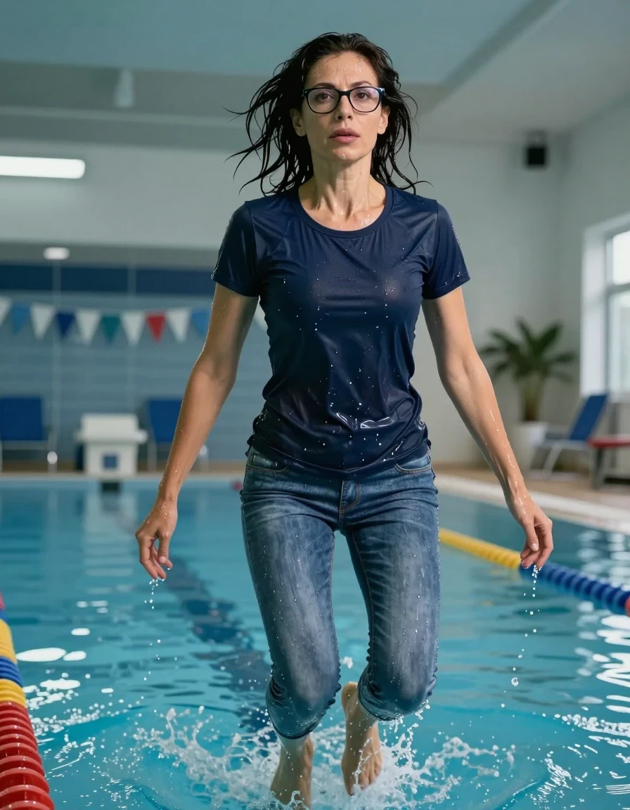 photo of young woman, in soaking wet, drenched clothes,
shoes, blue jeans, dark blue t-shirt over clinging, jumping in indoor swimming pool, enjoying wet clothes stuck body, enjoying, wet clothes stuck to body, 
enjoying, wet clothes stuck to body,
detailed textures of the wet clothes, wet face, wet plastered hair,
wet, drenched, professional, high-quality details, full body view.
sharp focus, ultra-high pixel detail, realistic, high-quality, full colors, incredibly detailed, 4k, 8k, 16k, hyper-realistic, RAW photo, masterpiece, ultra-detailed, professionally color graded, professional photograph, europen brunette skinny woman 50 years old, long dark black hair, office glasses, very big and thick lips, complete body, wet skin, wet clothes, damp fabric, wet skin, wet clothes, damp fabric, wet skin, wet clothes, damp fabric, wet skin, wet clothes, damp fabric, wet skin, wet clothes, damp fabric, wet skin, wet clothes, damp fabric