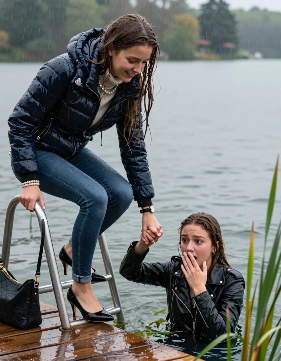 photo of young woman, in soaking wet, drenched clothes,
Heels, Completely soaked tight skinny jeans , Moncler shiny puffer down jacket, Tight turtleneck sweater belly free, handbag, pearl necklace, bracelet, wristwatch , Two Girls on a wooden bathing platform with a bathing ladder on a beautiful lake. The girls smiles with a sense of adventure and climbs the ladder already half submerged into the water. The water reaches up to her chest. Heavy Rain. , 
enjoying, wet clothes stuck to body,
detailed textures of the wet clothes, wet face, wet plastered hair,
wet, drenched, professional, high-quality details, full body view.
sharp focus, ultra-high pixel detail, realistic, high-quality, full colors, incredibly detailed, 4k, 8k, 16k, hyper-realistic, RAW photo, masterpiece, ultra-detailed, professionally color graded, professional photograph, sleek long straight hair

19 years old  teenage girl

One Girl inside the water with a biker leatherjacket and one hand on her mouth, hold with the other the viewer's hand, pulling them she is completely underwater up to her neck, afraid and astonished expression. 

She hides in the reeds.

her submerged clothes are hardly vusible under water, she soaked her handbag into the water. The Girls wear different clothes. 

close up view, wet skin, wet clothes, wet hair, damp fabric, water runs down the clothes, wet skin, wet clothes, damp fabric, wet skin, wet clothes, damp fabric, wet skin, wet clothes, damp fabric, wet skin, wet clothes, damp fabric, wet skin, wet clothes, damp fabric, wet skin, wet clothes, damp fabric, wet skin, wet clothes, damp fabric, wet skin, wet clothes, damp fabric, wet skin, wet clothes, damp fabric, wet skin, wet clothes, damp fabric, wet skin, wet clothes, damp fabric, wet skin, wet clothes, damp fabric, wet skin, wet clothes, damp fabric, wet skin, wet clothes, damp fabric, wet skin, wet clothes, damp fabric, wet skin, wet clothes, damp fabric, wet skin, wet clothes, damp fabric, wet skin, wet clothes, damp fabric, wet skin, wet clothes, damp fabric
