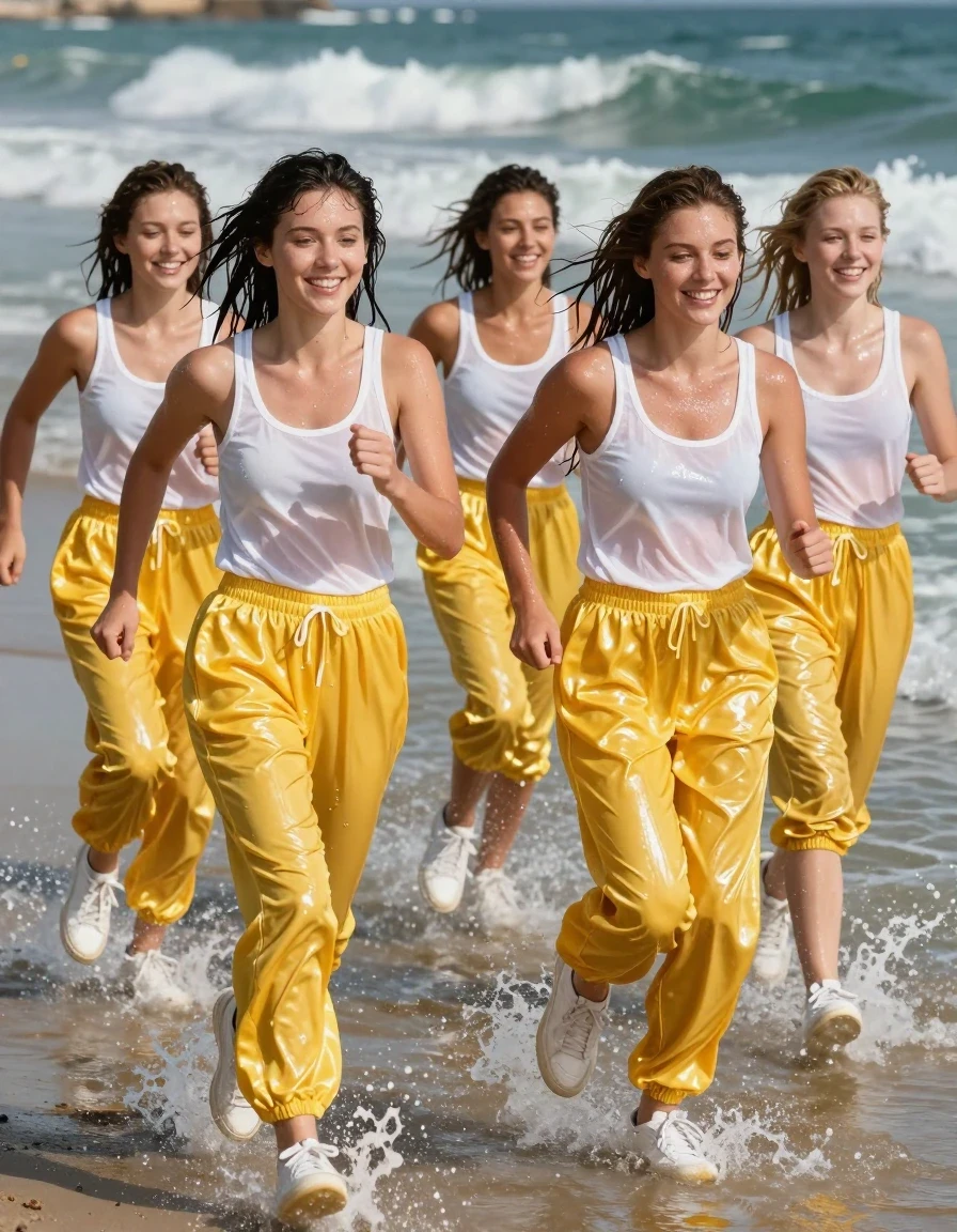 A cinematic, photorealistic shot of four young European women jogging through the shallow surf at a scenic beach. The women are wearing 80s-style long yellow satin jogging pants and thin, white translucent tops, paired with white sneakers. The fabric of the translucent white tops and the yellow satin joggers is heavily soaked and clinging to their bodies, creating deep, wet texture, visible skin-clinging folds, and a high-sheen, translucent wetlook effect. The women have wet, dripping hair and glistening, water-drenched skin, with expressions of joy and excitement as they splash through the ocean waves. The lighting is bright and natural, highlighting the water droplets on their skin and the saturated, dark patches on their drenched clothing. High-resolution, detailed textures, 8k, realistic water interaction, dynamic movement, wide-angle beach landscape.