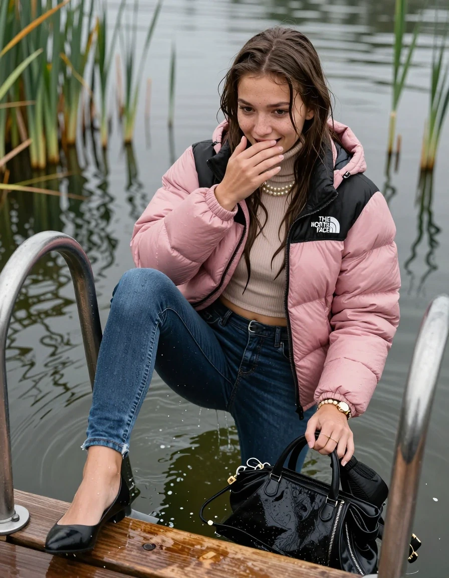 photo of young woman, in soaking wet, drenched clothes,
Heels, Completely soaked tight skinny jeans, Pink Puffer down jacket from north face, Tight turtleneck sweater belly free, handbag, pearl necklace, bracelet, wristwatch , on a wooden bathing platform with a bathing ladder on a beautiful lake. The girls smiles with a sense of adventure and climbs the ladder into the water. The water reaches up to her chest., 
enjoying, wet clothes stuck to body,
detailed textures of the wet clothes, wet face, wet plastered hair,
wet, drenched, professional, high-quality details, full body view.
sharp focus, ultra-high pixel detail, realistic, high-quality, full colors, incredibly detailed, 4k, 8k, 16k, hyper-realistic, RAW photo, masterpiece, ultra-detailed, professionally color graded, professional photograph, sleek long straight hair

19 years old  teenage girl

Laying her breast on the surface.  Looking slightly away. Hold her hand over mouth.

One Girl inside the water with a black biker leatherjacket and one hand on her mouth, hold with the other the viewer's hand, pulling them she is completely underwater up to her neck, afraid and astonished expression. 

She hides in the reeds.

her submerged clothes are hardly vusible under water, she soaked her handbag into the water. The Girls wear different clothes. 

close up view, wet skin, wet clothes, wet hair, damp fabric, water runs down the clothes, wet skin, wet clothes, damp fabric, wet skin, wet clothes, damp fabric, wet skin, wet clothes, damp fabric, wet skin, wet clothes, damp fabric, wet skin, wet clothes, damp fabric, wet skin, wet clothes, damp fabric, wet skin, wet clothes, damp fabric, wet skin, wet clothes, damp fabric, wet skin, wet clothes, damp fabric, wet skin, wet clothes, damp fabric, wet skin, wet clothes, damp fabric, wet skin, wet clothes, damp fabric, wet skin, wet clothes, damp fabric, wet skin, wet clothes, damp fabric, wet skin, wet clothes, damp fabric, wet skin, wet clothes, damp fabric, wet skin, wet clothes, damp fabric, wet skin, wet clothes, damp fabric, wet skin, wet clothes, damp fabric