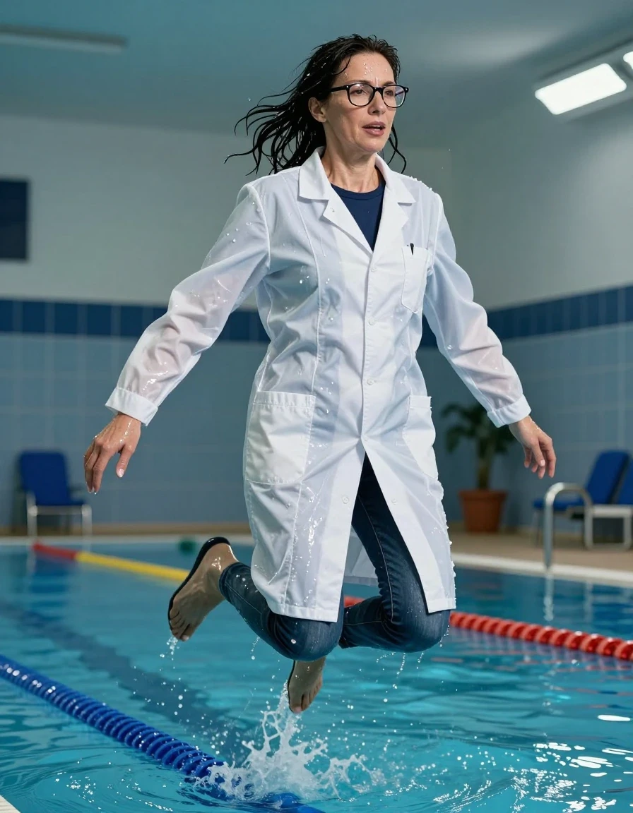 photo of young woman, in soaking wet, drenched clothes,
shoes, blue jeans, dark blue t-shirt over clinging, maxi white labcoat, jumping in indoor swimming pool, enjoying wet clothes stuck body, enjoying, wet clothes stuck to body, 
enjoying, wet clothes stuck to body,
detailed textures of the wet clothes, wet face, wet plastered hair,
wet, drenched, professional, high-quality details, full body view.
sharp focus, ultra-high pixel detail, realistic, high-quality, full colors, incredibly detailed, 4k, 8k, 16k, hyper-realistic, RAW photo, masterpiece, ultra-detailed, professionally color graded, professional photograph, europen brunette skinny woman 50 years old, long dark black hair, office glasses, very big and thick lips, complete body, wet skin, wet clothes, damp fabric, wet skin, wet clothes, damp fabric, wet skin, wet clothes, damp fabric, wet skin, wet clothes, damp fabric, wet skin, wet clothes, damp fabric, wet skin, wet clothes, damp fabric