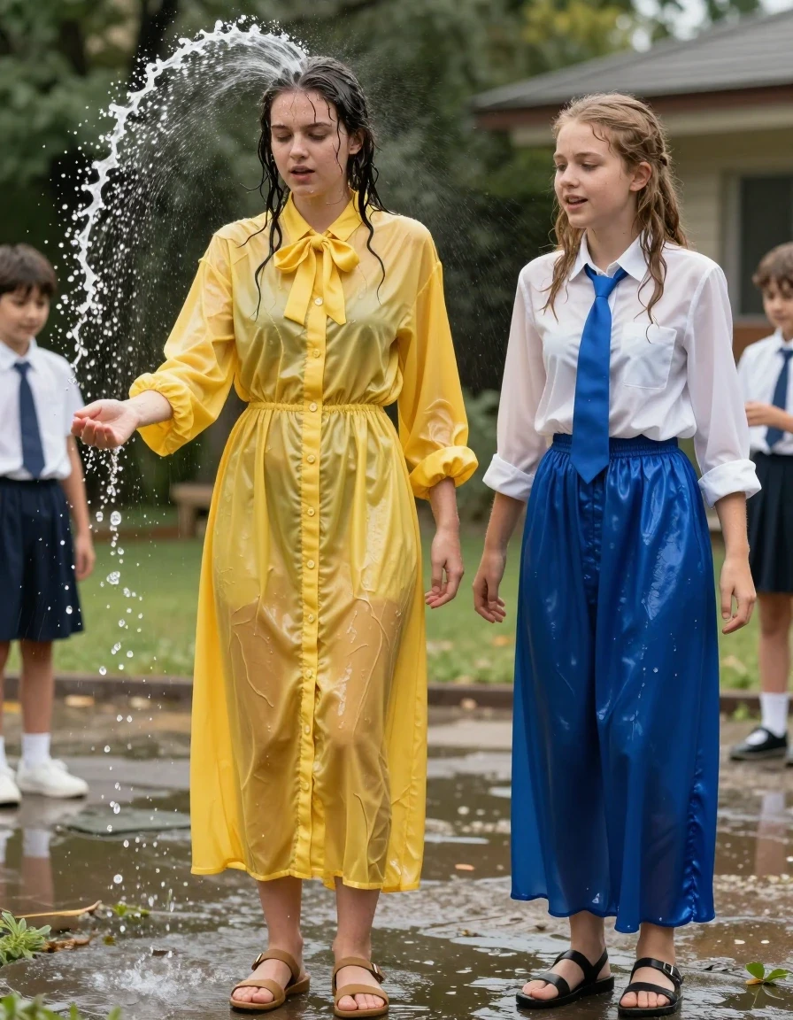 photo of young woman, in soaking wet, drenched clothes,
sandals, both: maxi dress, 1st woman: oversized yellow buttoned-down nylon dress with bowtie; 2nd woman: white long-sleeved satin blouse with blue necktie, maxi blue silk skirt, empty school backyard, 
enjoying, wet clothes stuck to body,
detailed textures of the wet clothes, wet face, wet plastered hair,
wet, drenched, professional, high-quality details, full body view.
sharp focus, ultra-high pixel detail, realistic, high-quality, full colors, incredibly detailed, 4k, 8k, 16k, hyper-realistic, RAW photo, masterpiece, ultra-detailed, professionally color graded, professional photograph, nerdy teachers splashing water on each other, wet skin, wet clothes, damp fabric