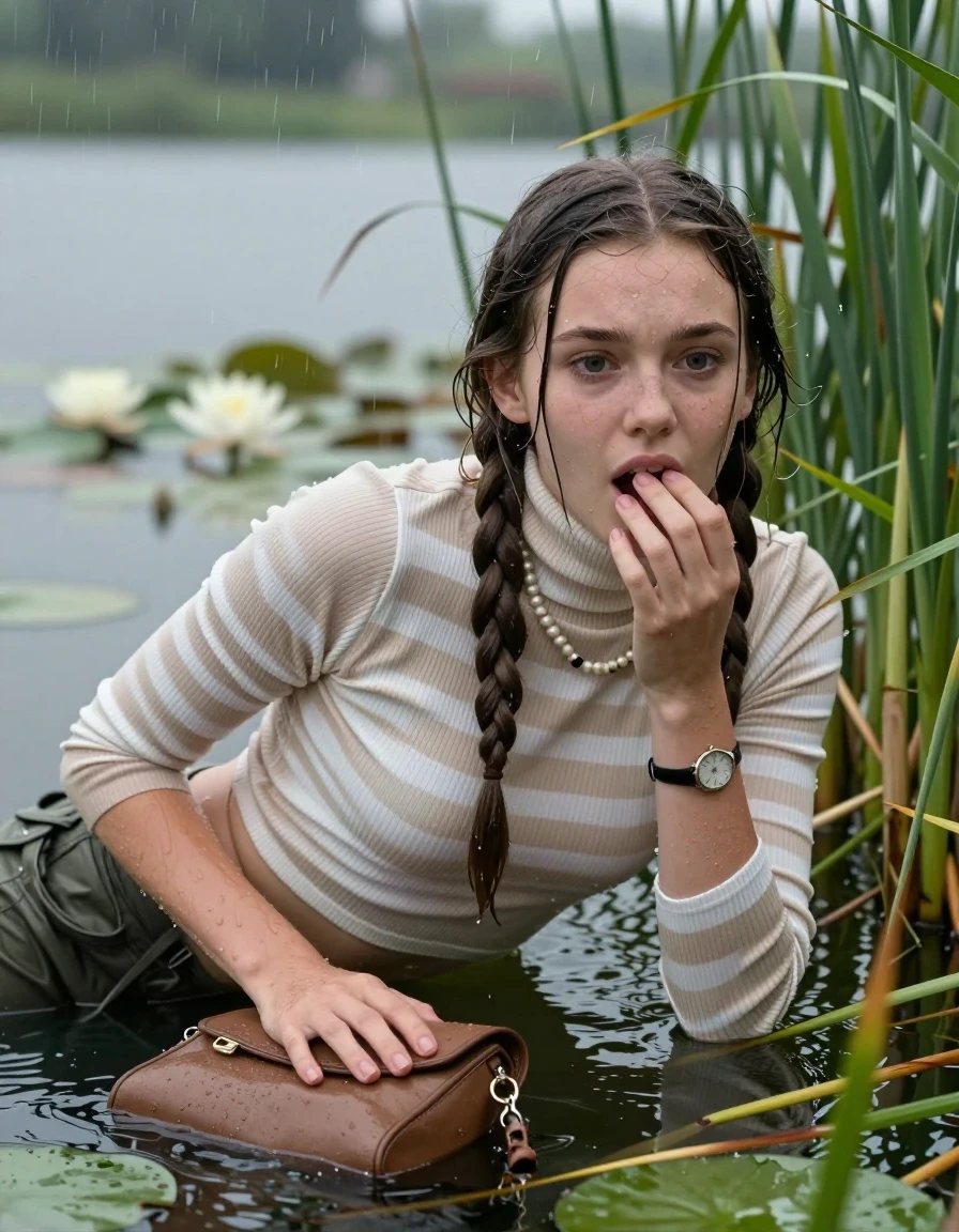 photo of young woman, in soaking wet, drenched clothes,
, , Tight beige and white striped turtleneck sweater belly free, handbag, pearl necklace, bracelet, wristwatch , Emerging after diving in a lake with water lilies and reeds, rain , 
enjoying, wet clothes stuck to body,
detailed textures of the wet clothes, wet face, wet plastered hair,
wet, drenched, professional, high-quality details, full body view.
sharp focus, ultra-high pixel detail, realistic, high-quality, full colors, incredibly detailed, 4k, 8k, 16k, hyper-realistic, RAW photo, masterpiece, ultra-detailed, professionally color graded, professional photograph, Two long braids

15 years old  teenage girl

Laying her breast on the surface.  Looking slightly away. Hold her hand on mouth.

she is completely underwater up to her neck, afraid and astonished expression. 

She hides in the reeds and is surprised by spectators

her submerged clothes are hardly vusible under water, she soaked her handbag into the water

close up view, wet skin, wet clothes, wet hair, damp fabric, water runs down the clothes, wet skin, wet clothes, damp fabric, wet skin, wet clothes, damp fabric, wet skin, wet clothes, damp fabric, wet skin, wet clothes, damp fabric, wet skin, wet clothes, damp fabric, wet skin, wet clothes, damp fabric, wet skin, wet clothes, damp fabric, wet skin, wet clothes, damp fabric, wet skin, wet clothes, damp fabric, wet skin, wet clothes, damp fabric, wet skin, wet clothes, damp fabric, wet skin, wet clothes, damp fabric, wet skin, wet clothes, damp fabric, wet skin, wet clothes, damp fabric, wet skin, wet clothes, damp fabric, wet skin, wet clothes, damp fabric, wet skin, wet clothes, damp fabric